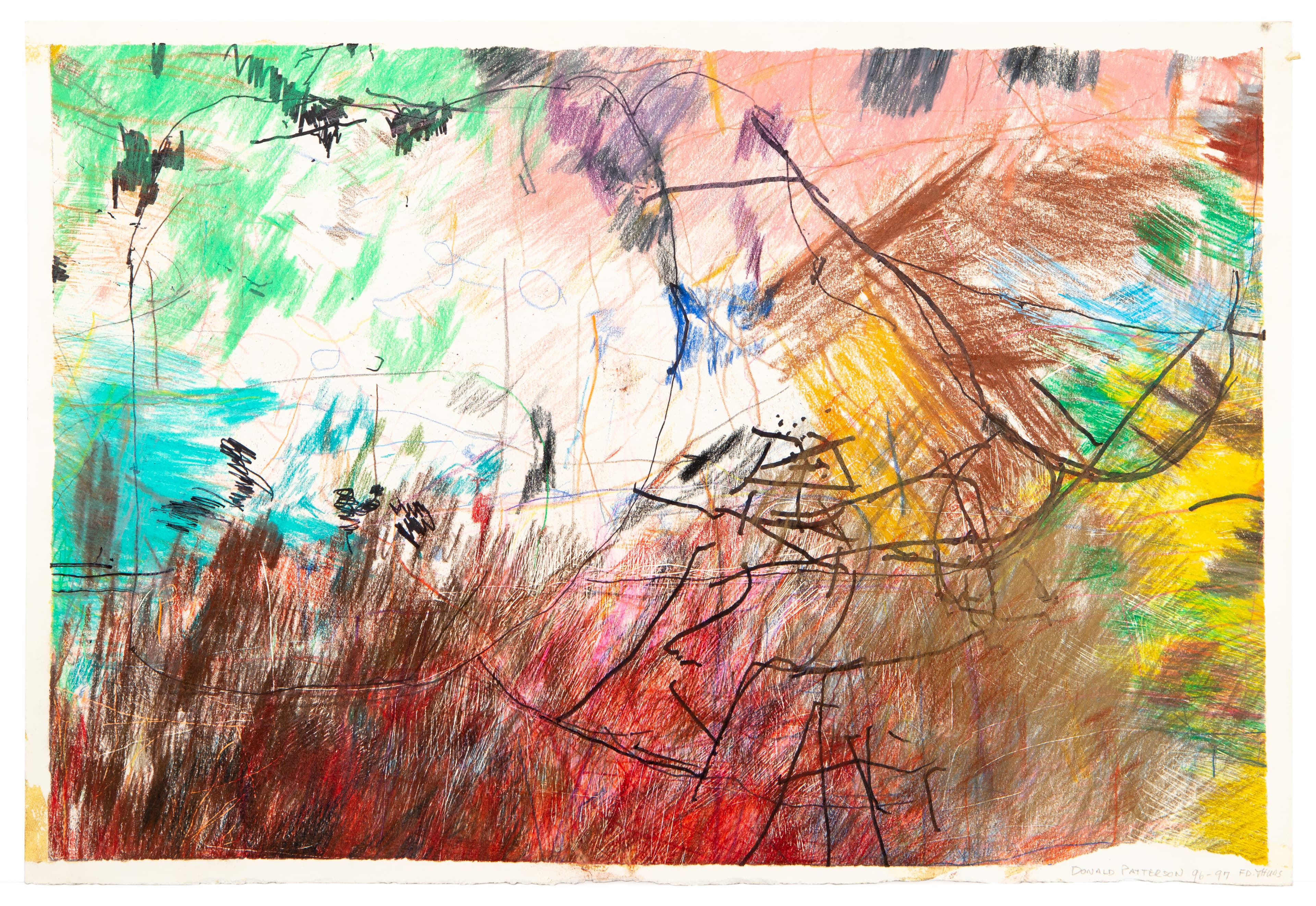 Abstract drawing with energetic scribbled lines and vibrant color blocks in green, yellow, red, and blue on white paper
