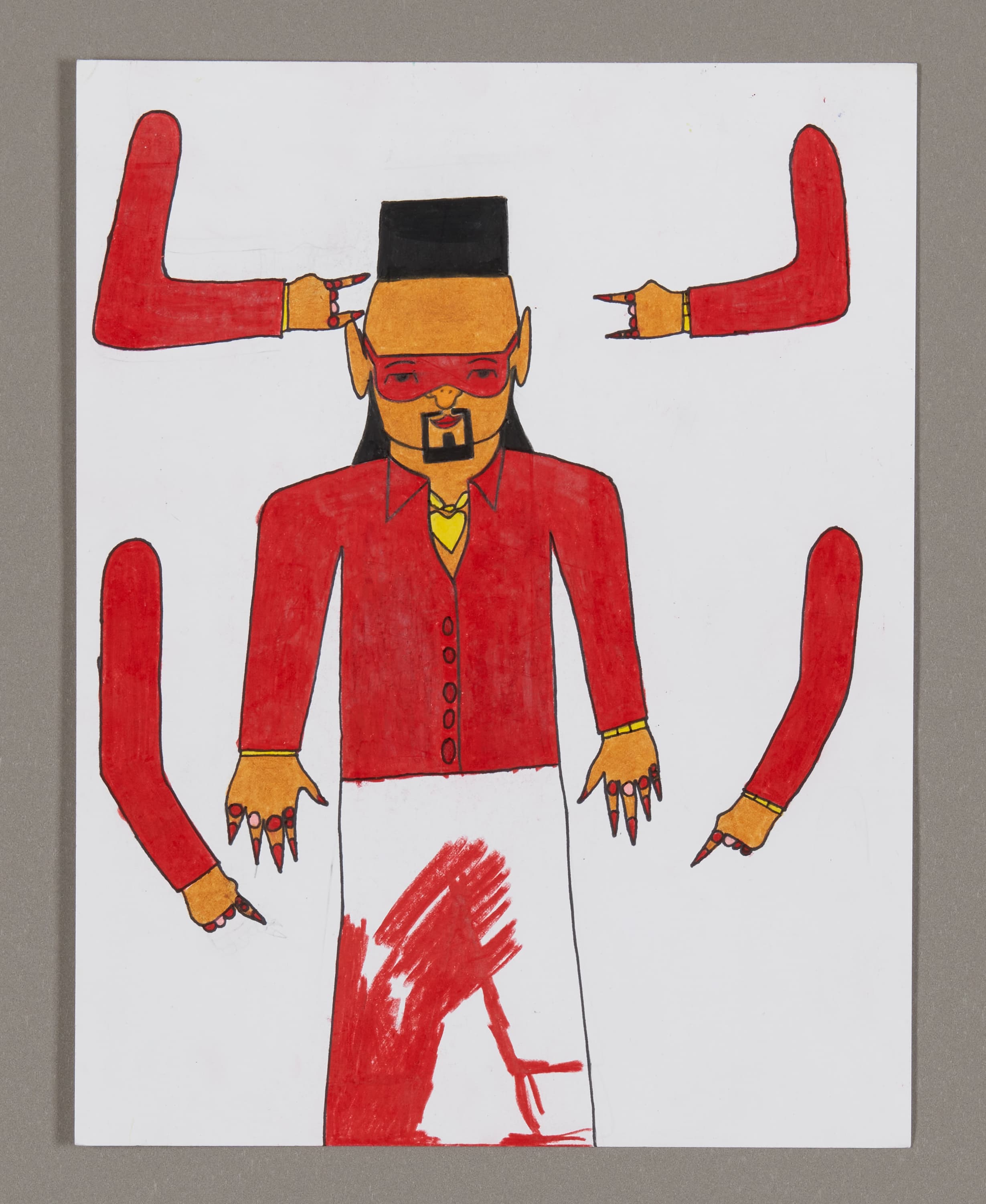 Drawing of a figure in red jacket with black hat and multiple red arms extending from body, colored pencil on paper