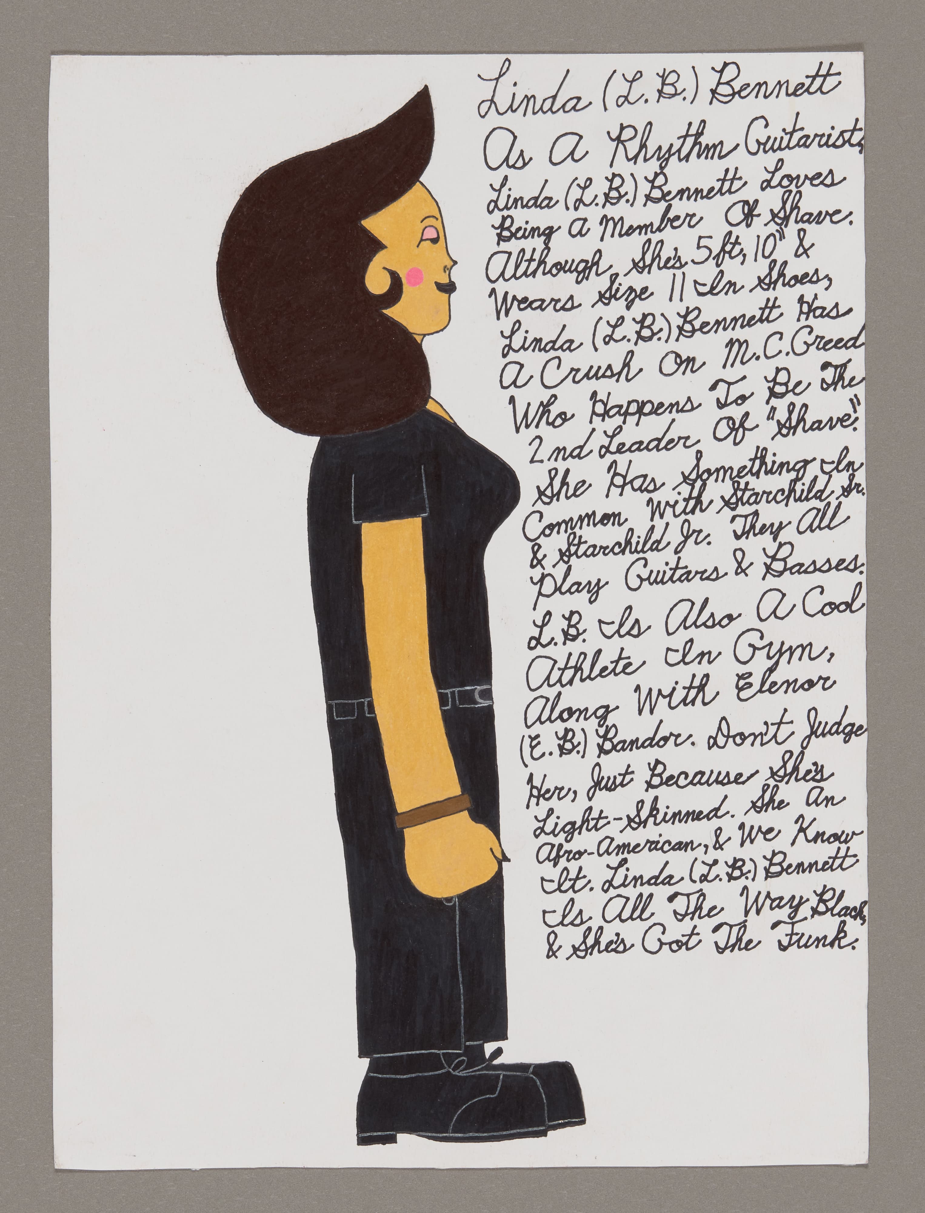 Drawing of a figure in profile wearing black clothing, with handwritten text about Linda Bennett, mixed media on paper
