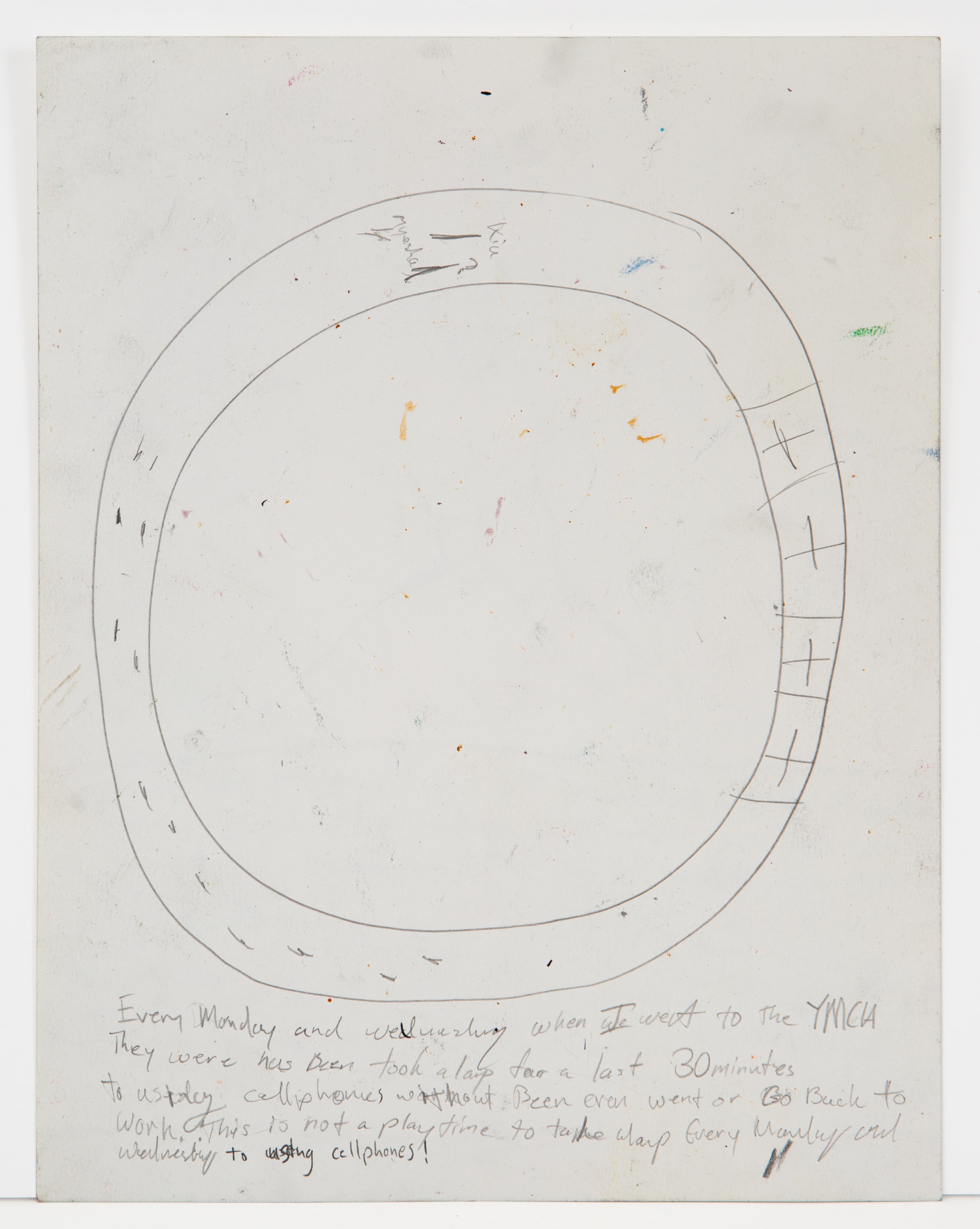 Drawing of concentric circles with handwritten text below, pen and colored pencil on paper