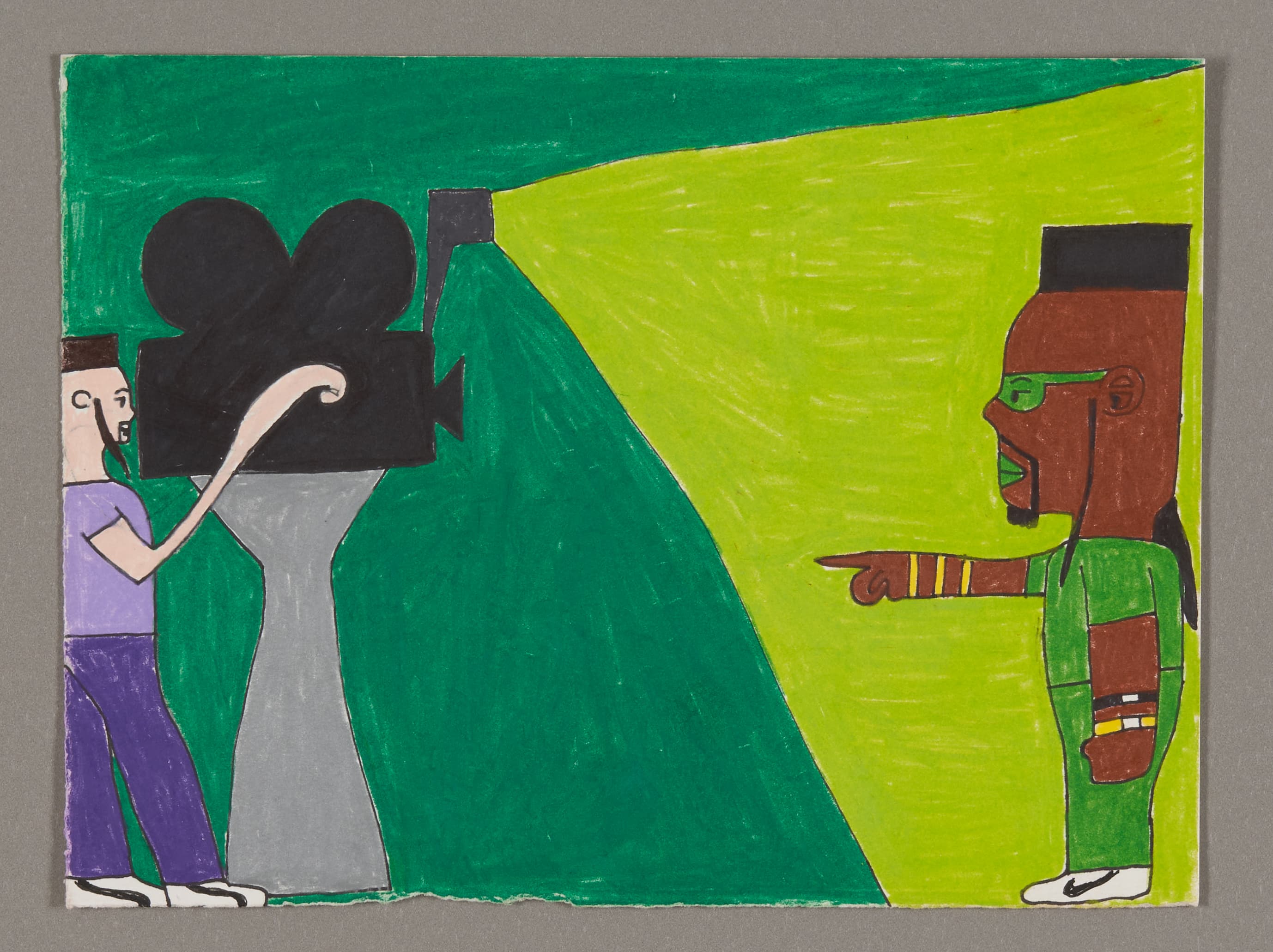 Mixed media drawing showing a figure operating a film camera on the left and a profile figure on the right against green and yellow backgrounds