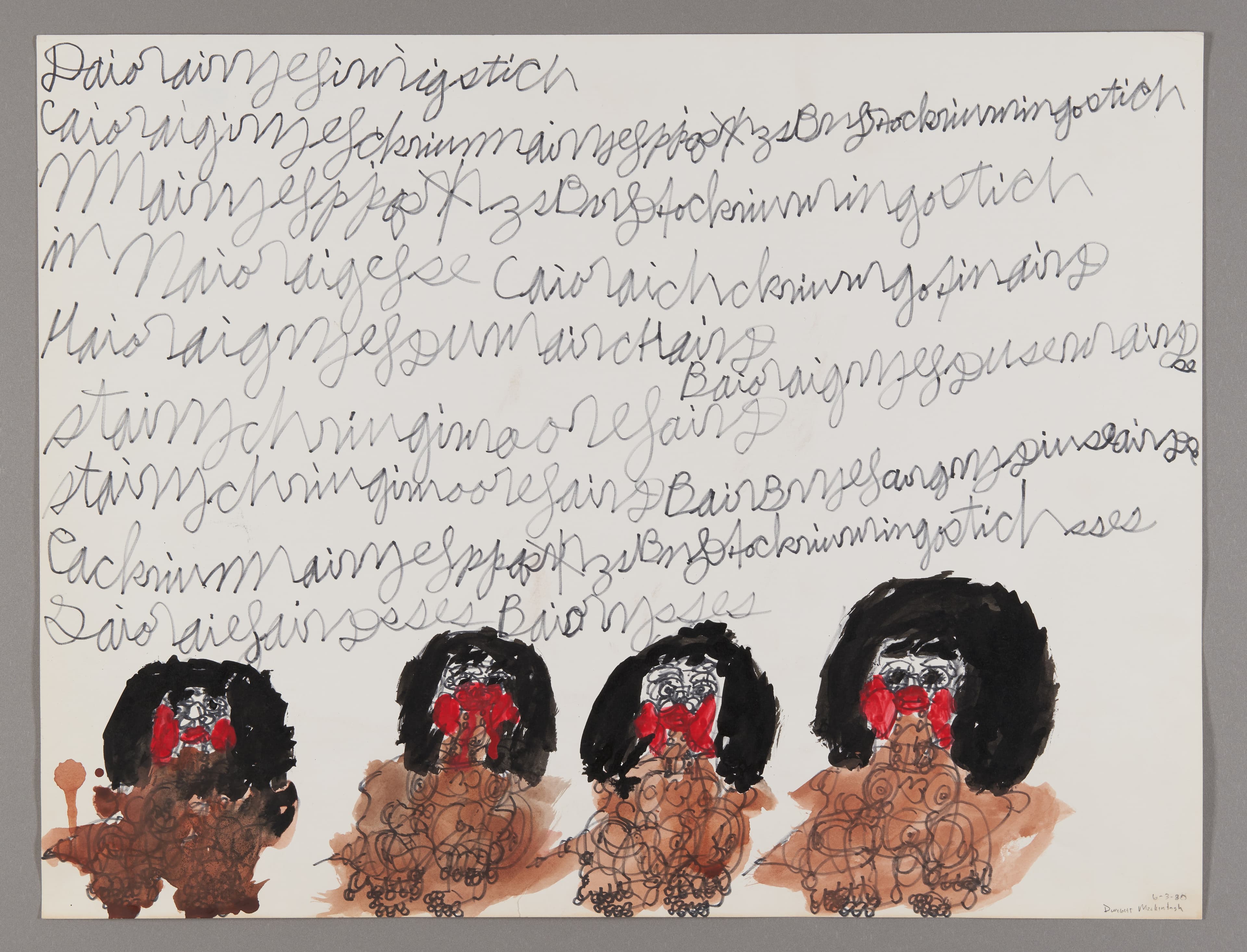 Mixed media artwork with handwritten text above four figures with black hair and red mouths on paper