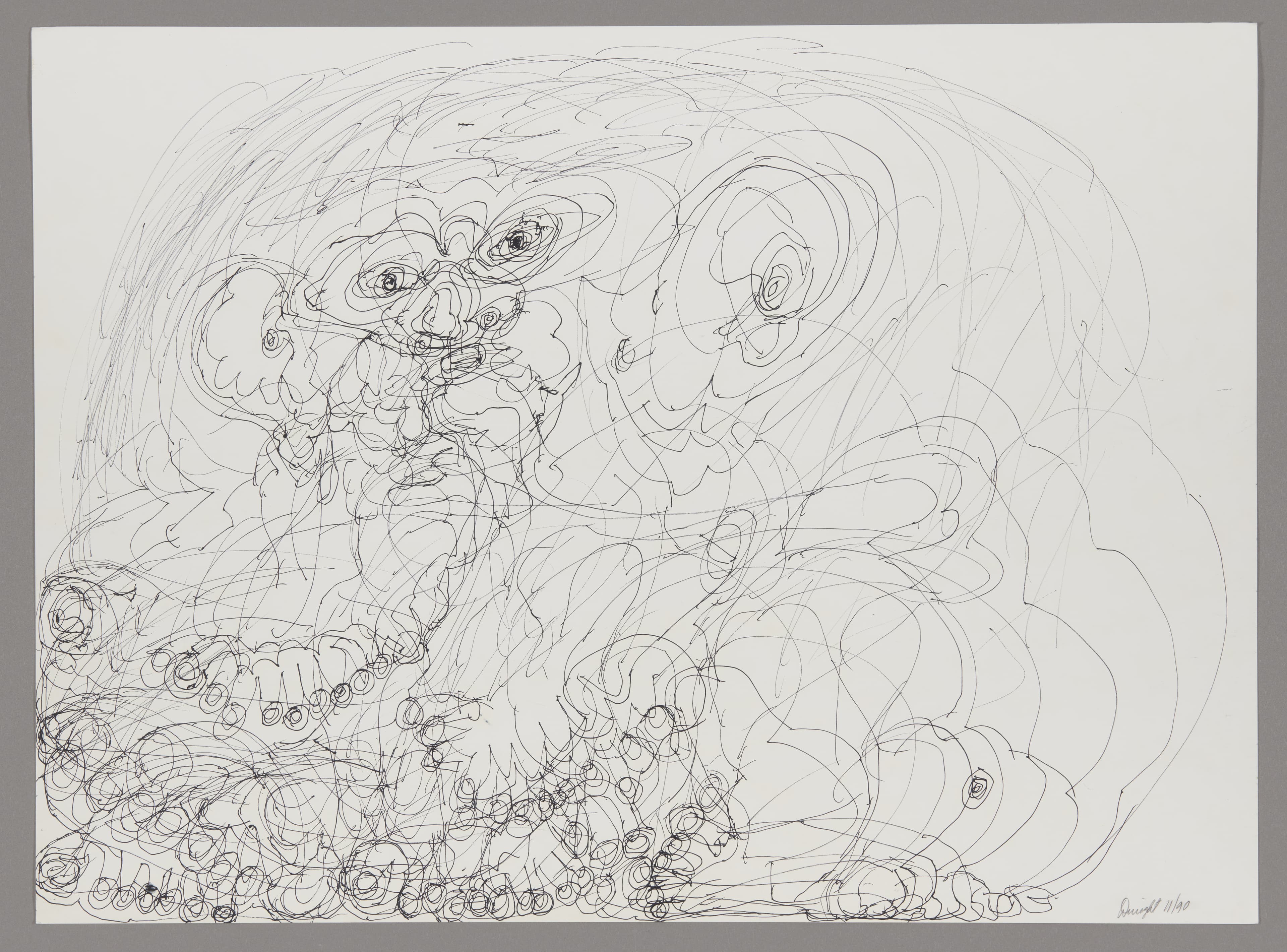 Ink drawing on paper showing swirling abstract forms with faces and circular patterns in black line work