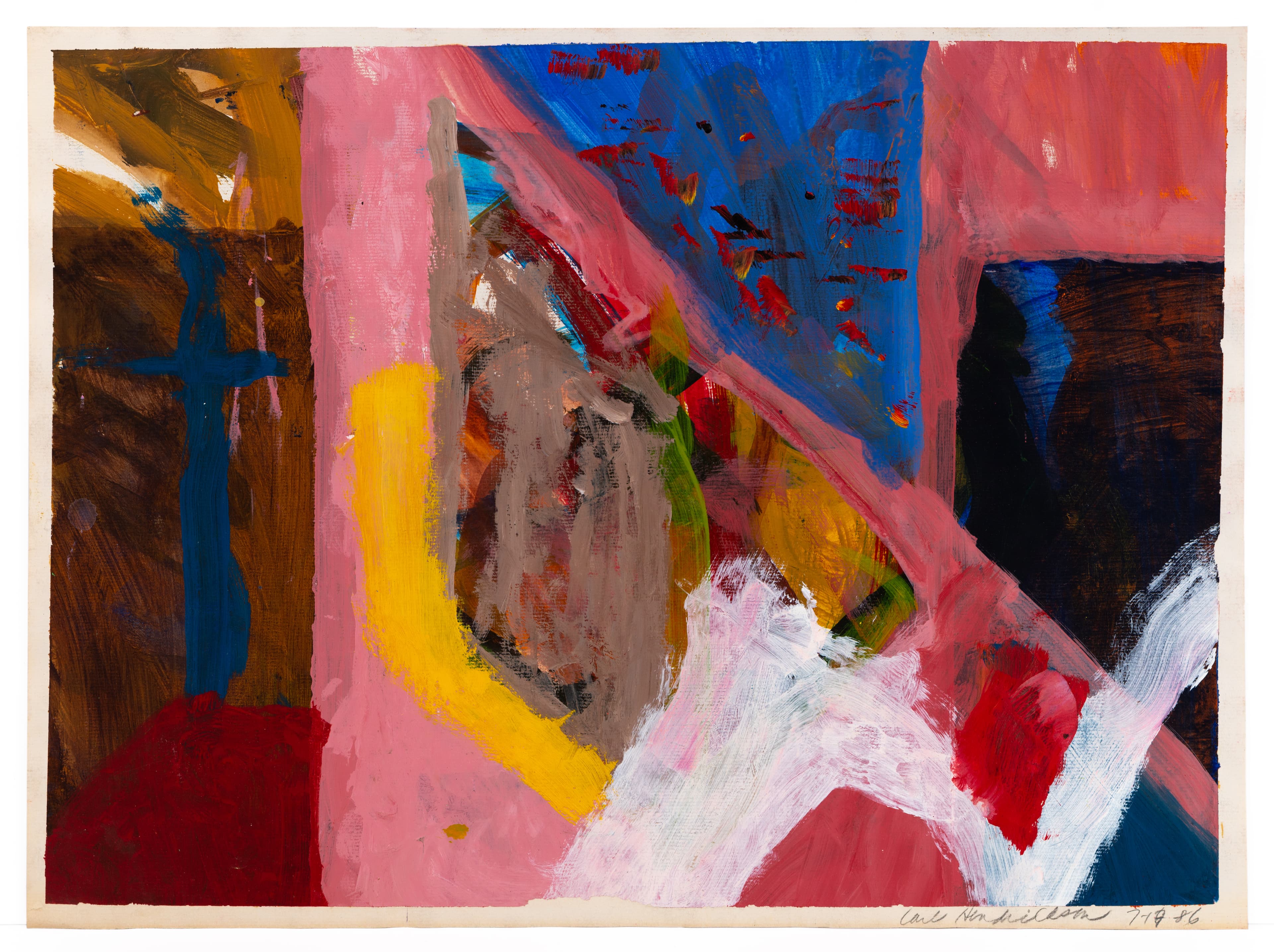 Abstract painting with bold geometric shapes in pink, blue, yellow, and brown paint on white paper