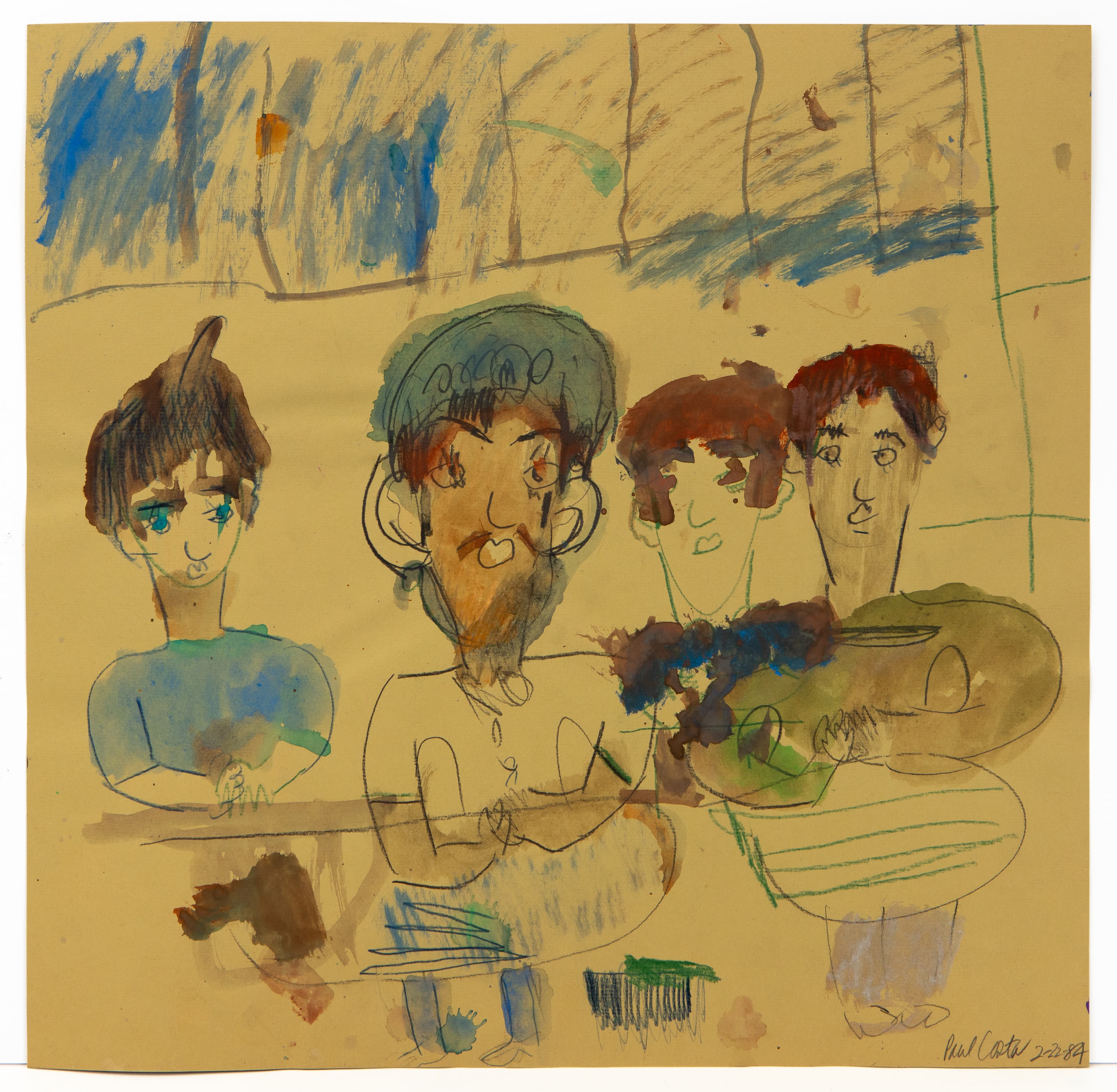 Drawing of five people in colored pencil and watercolor on tan paper with expressive linework and loose brushwork
