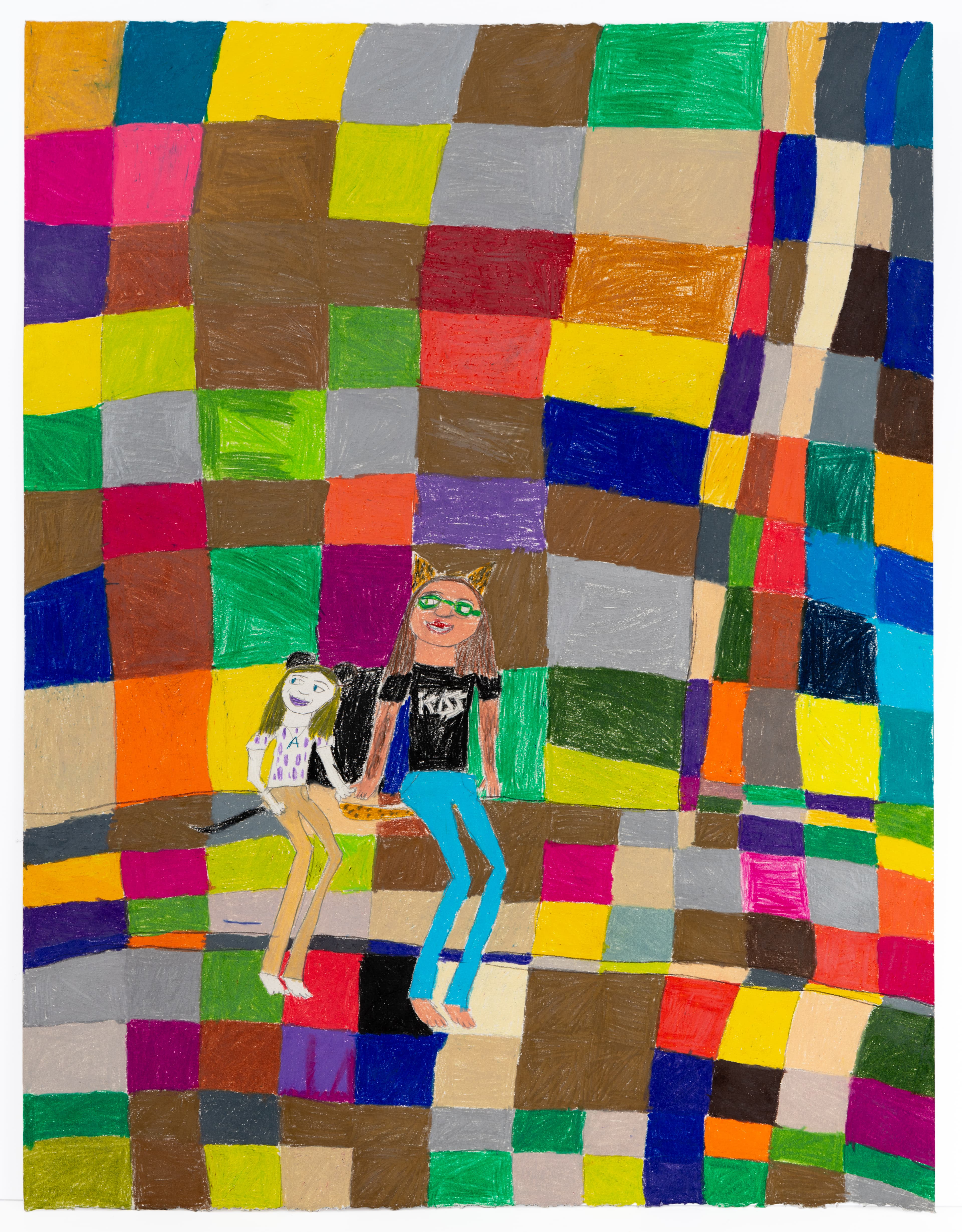 Colored pencil drawing of two figures sitting on colorful checkered pattern background