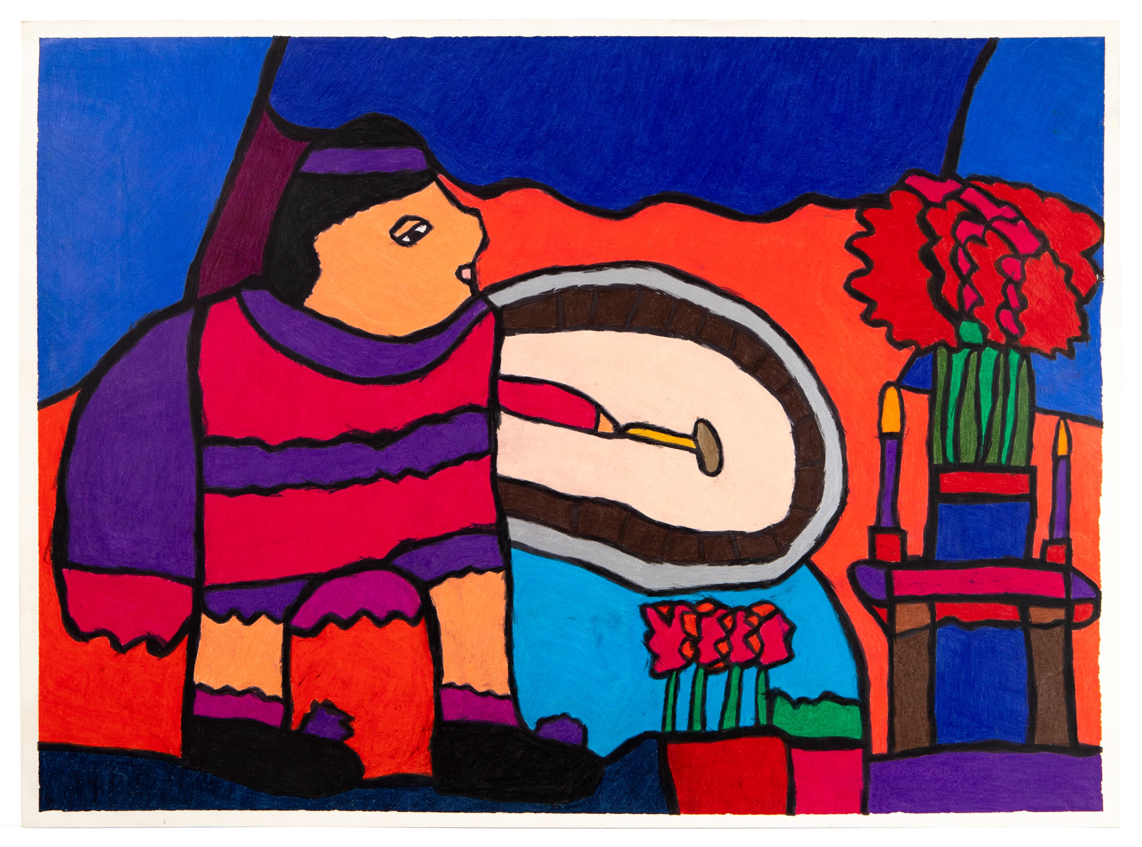 Colorful ink and pastel artwork showing a figure in striped clothing at a table with flowers, vibrant blues and reds