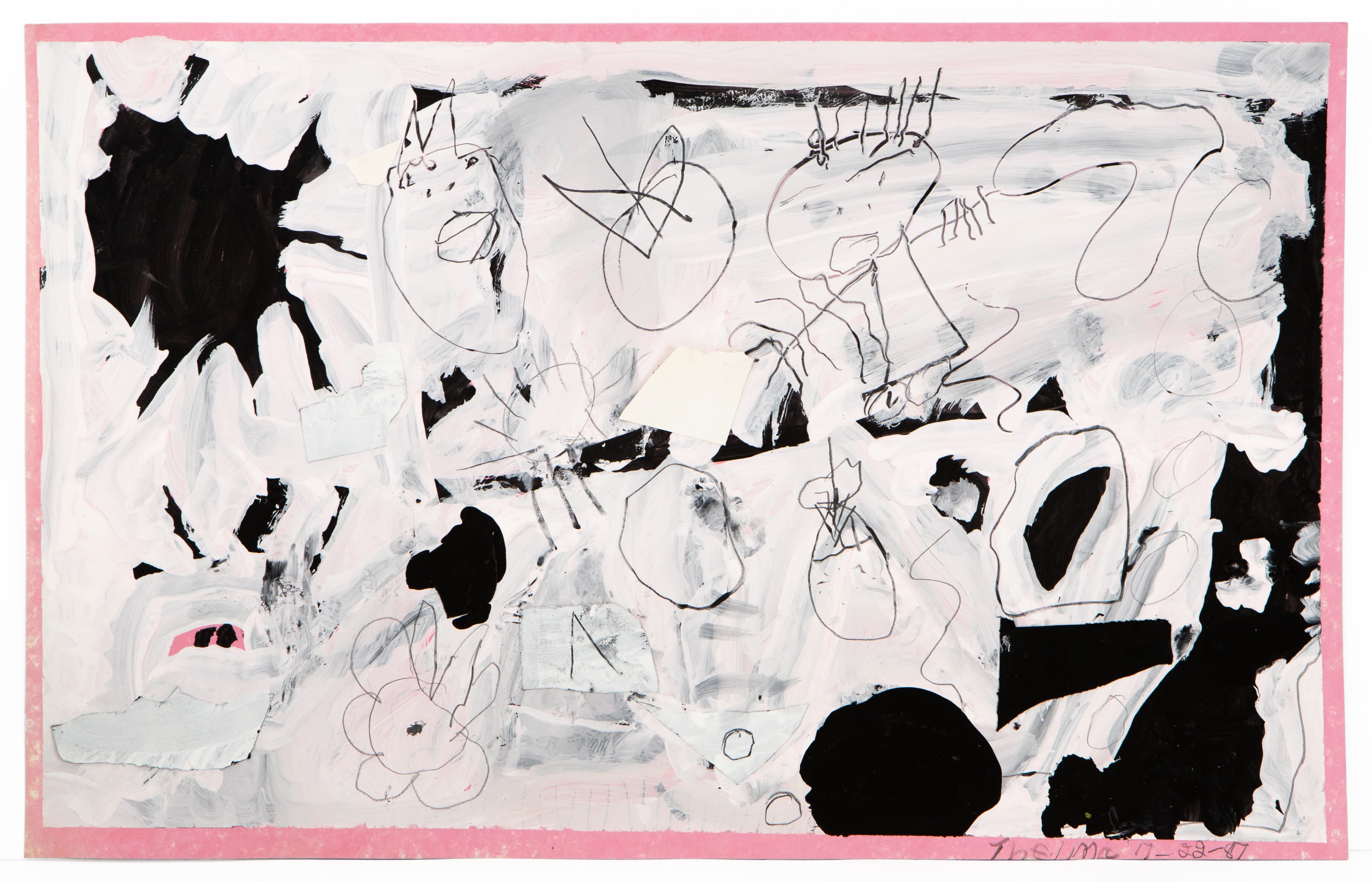 Mixed media drawing with black ink splatters, gray washes, and linear elements on white paper with pink border