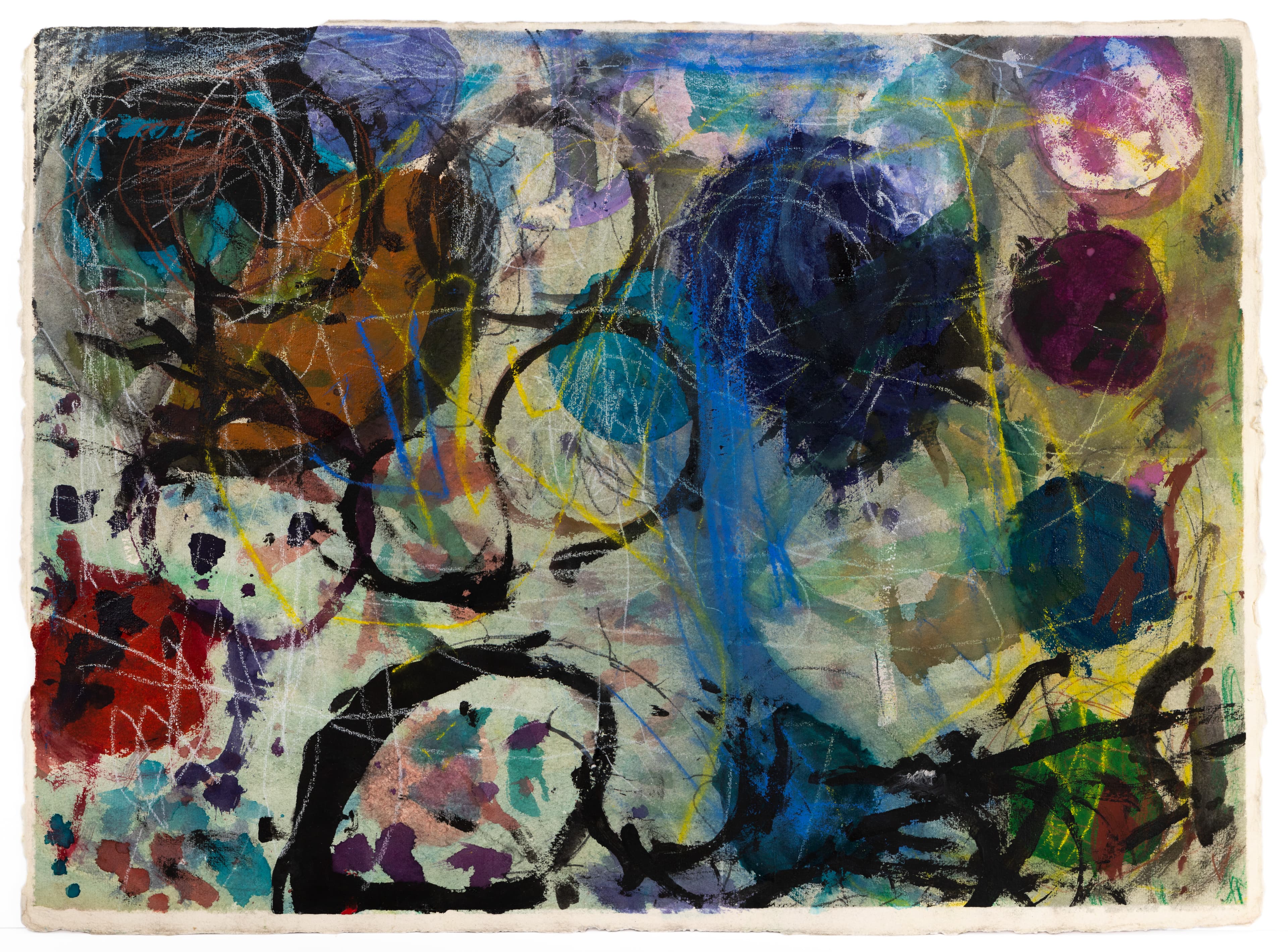 Abstract mixed media painting with energetic brushstrokes, circular forms, and vibrant colors including blues, oranges, and purples