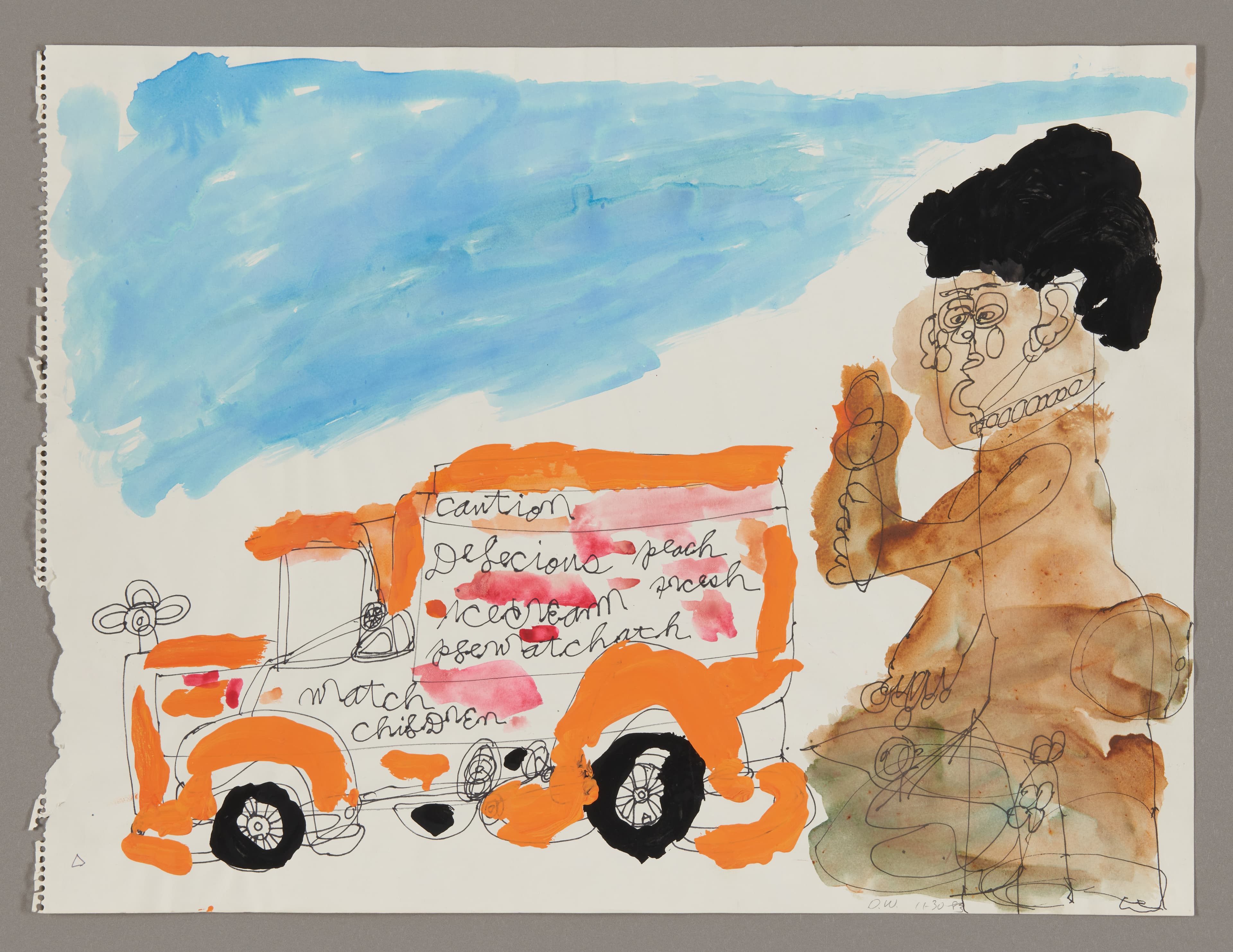 Mixed media drawing of orange ice cream truck with handwritten text and seated figure with dark hair