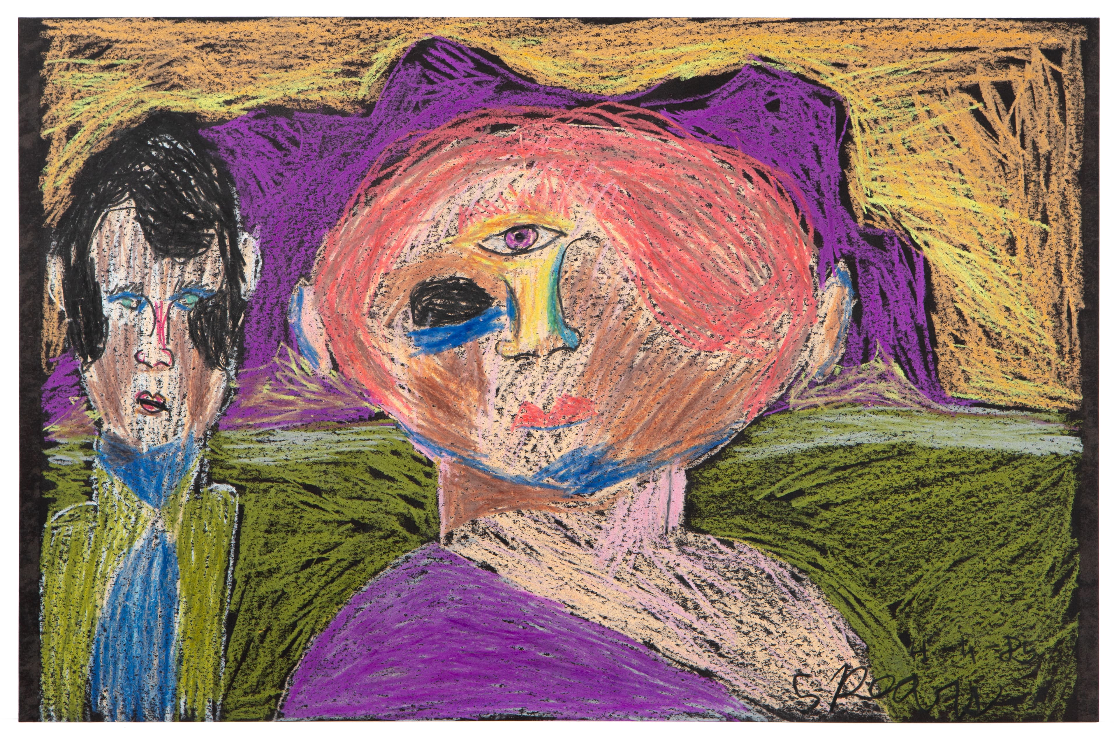 Pastel drawing showing two portrait figures, one with dark hair on left, another with colorful swirling face on right