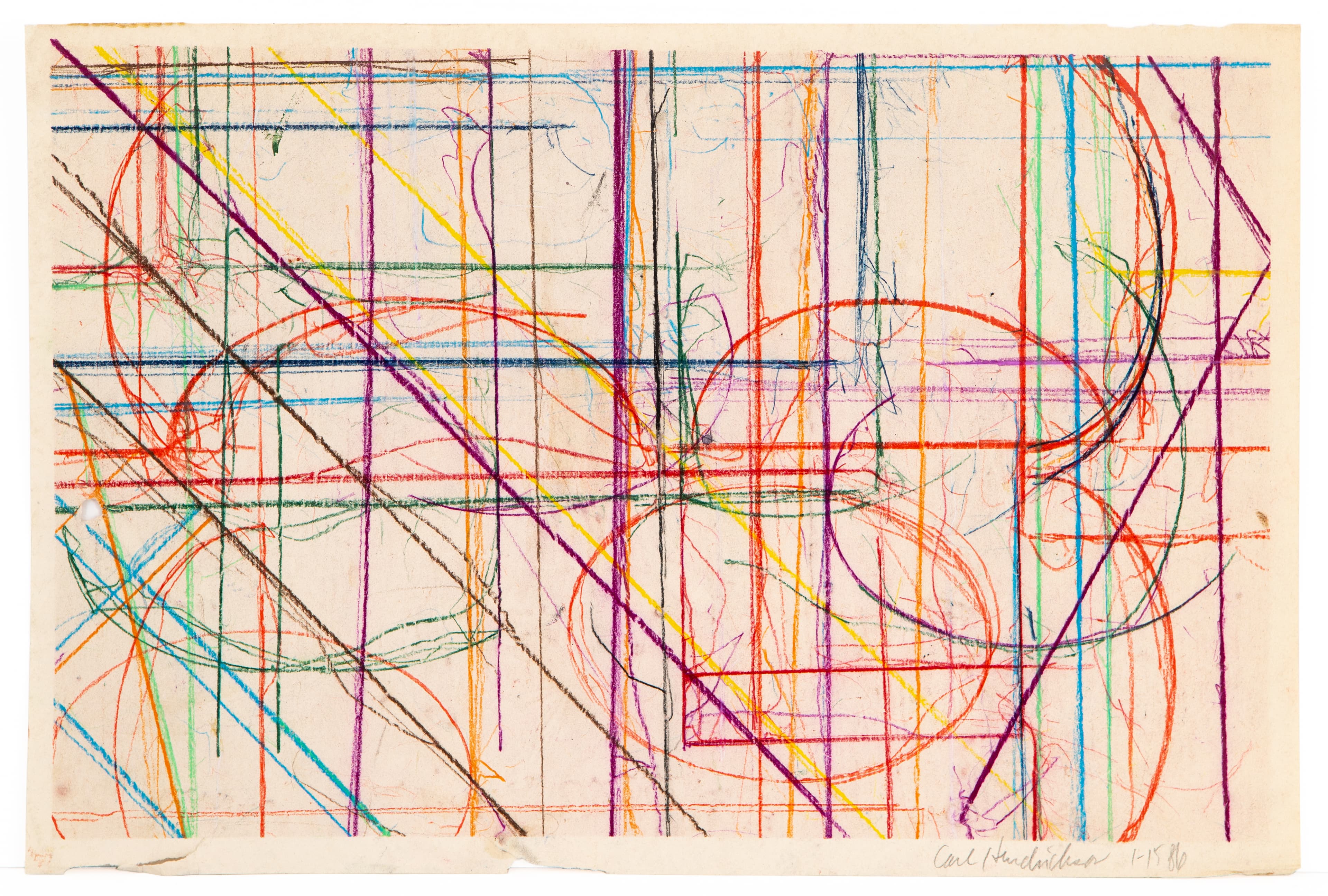 Abstract drawing with intersecting colored lines and geometric shapes on cream paper