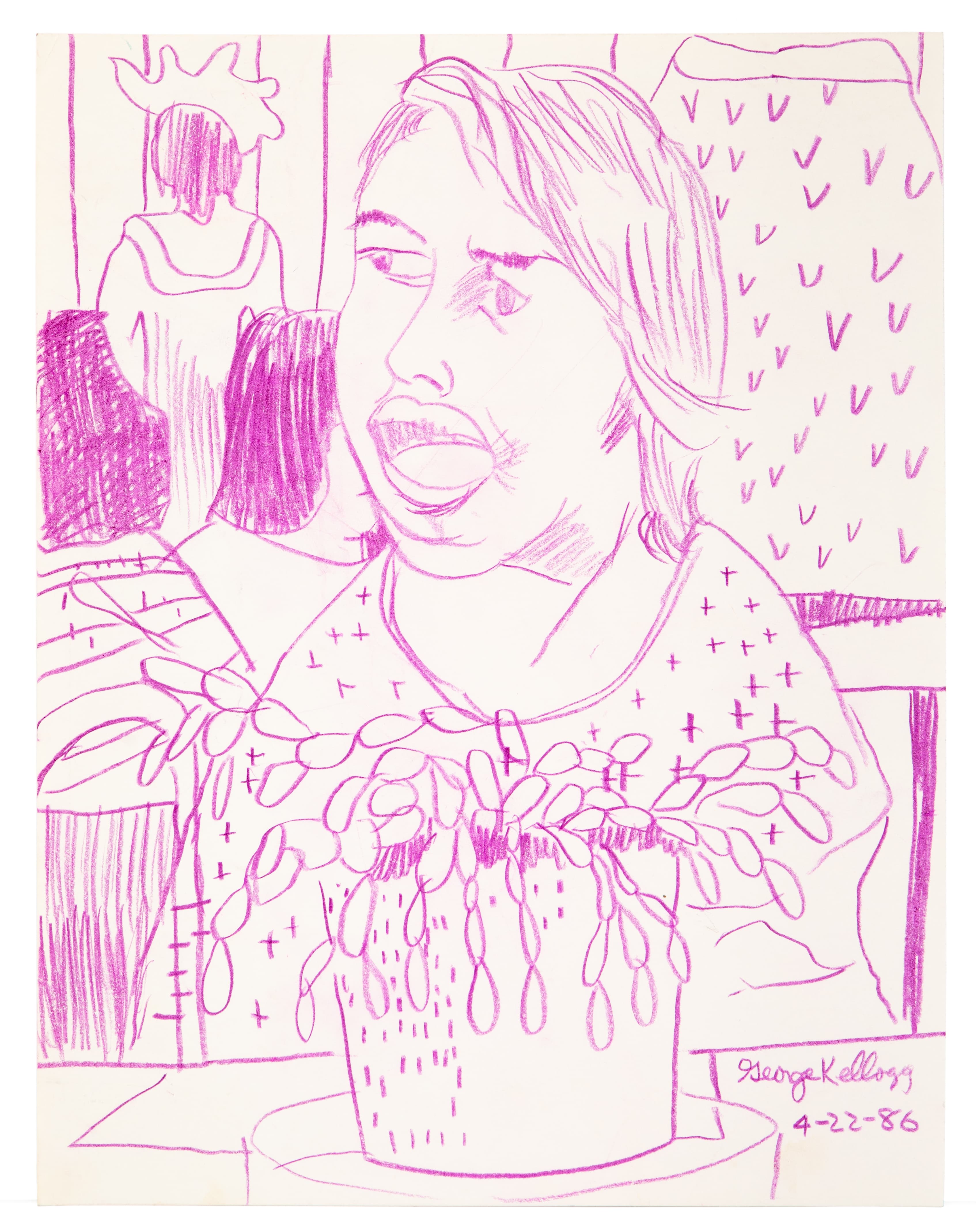 Drawing of a figure with shoulder-length hair holding flowers, rendered in purple colored pencil on paper