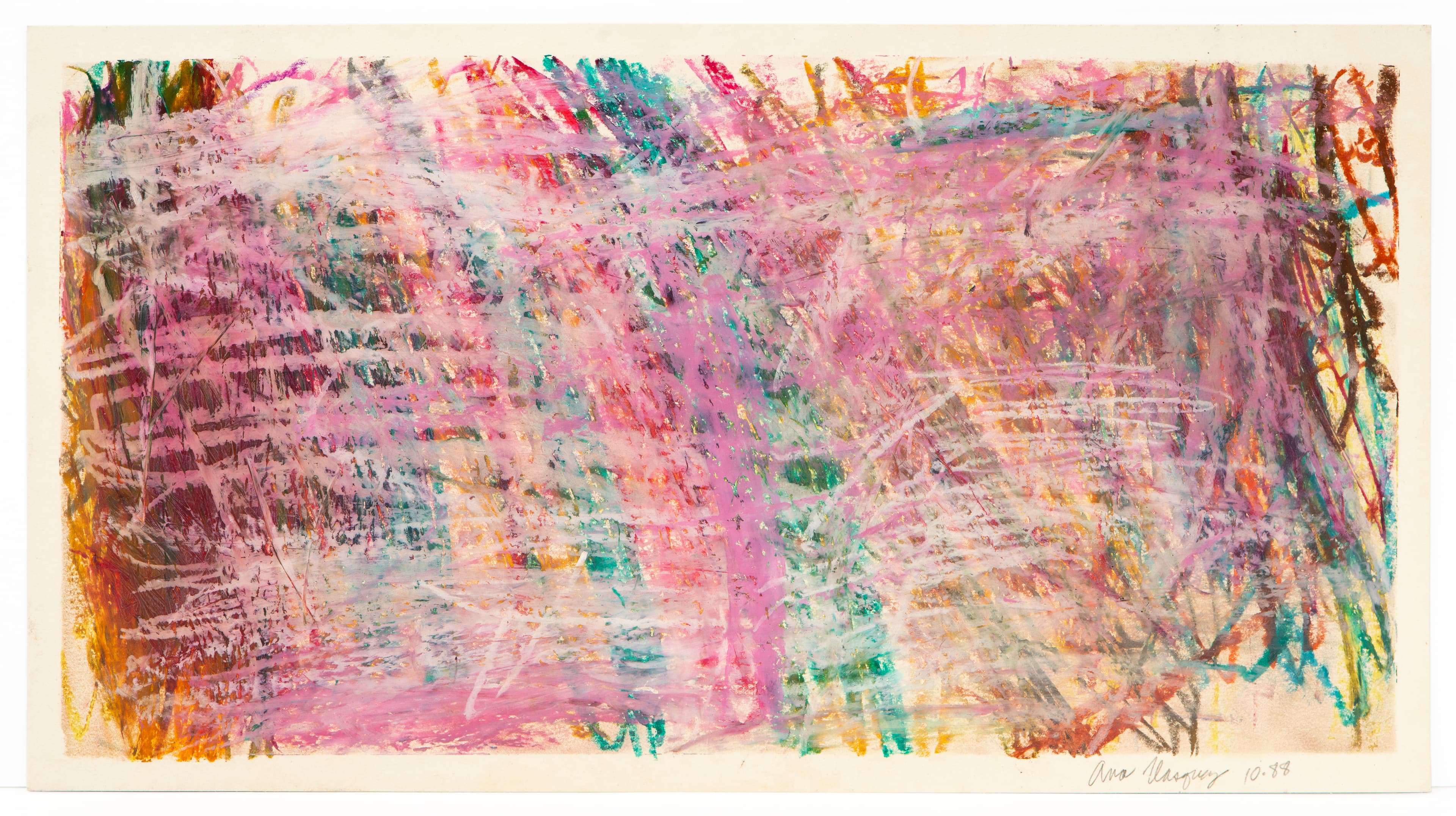 Abstract drawing with pink, purple, and multicolored crayon or pastel marks creating layered, gestural composition
