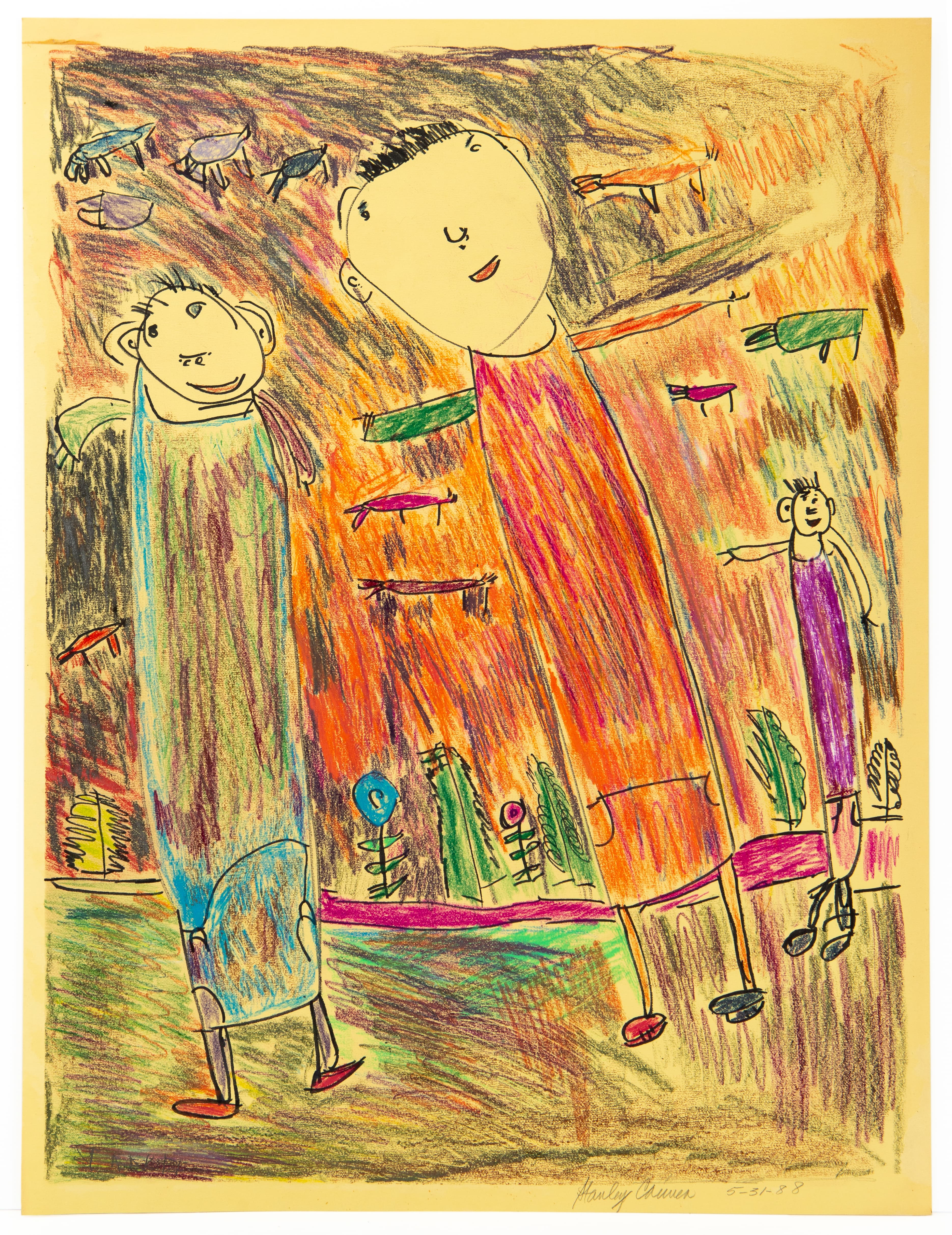 Colored pencil drawing with three figures in vibrant orange, green, and purple on yellow paper