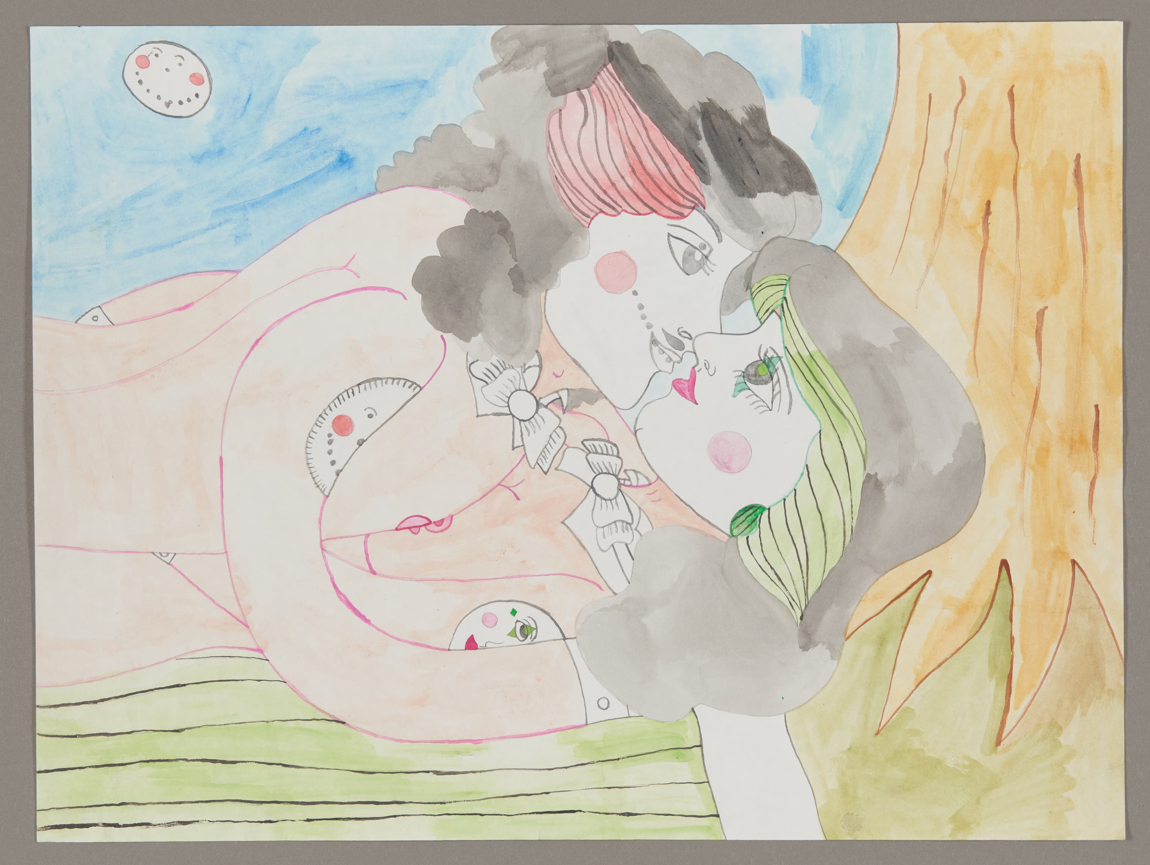 Drawing of two figures embracing in watercolor and graphite, with blue sky and yellow background