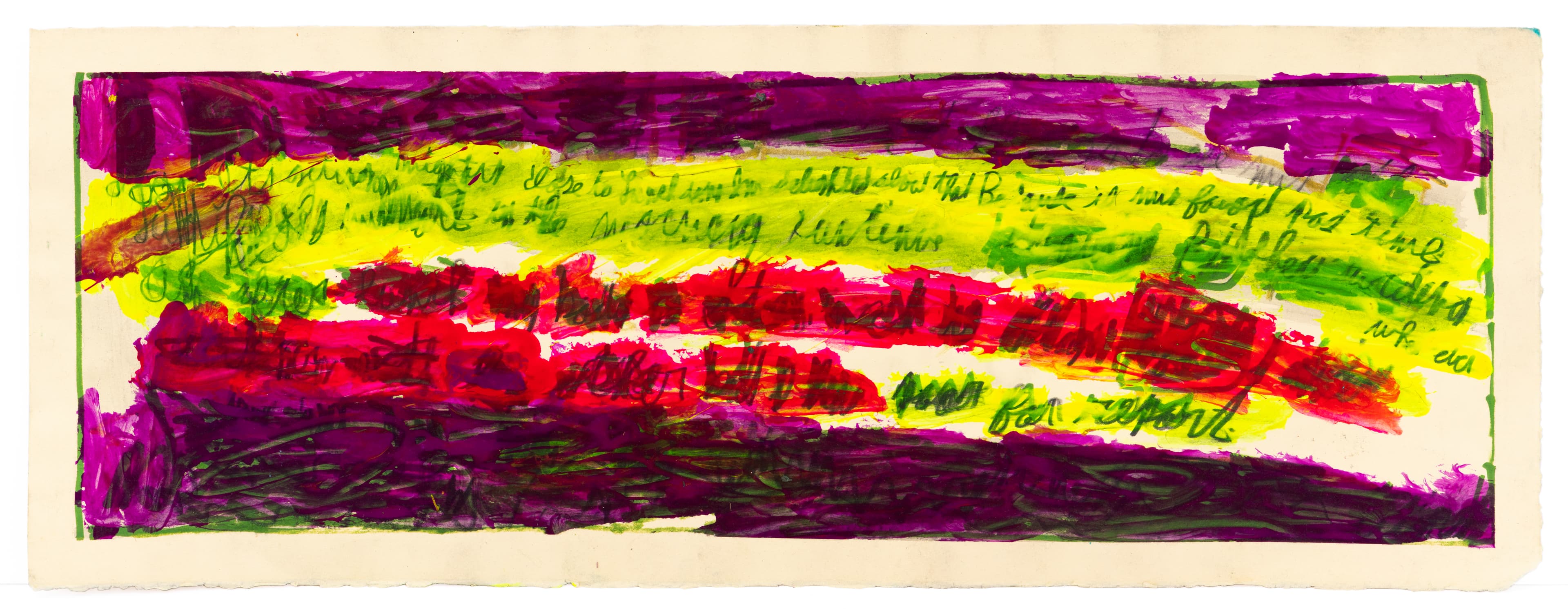 Mixed media artwork with horizontal bands of purple, yellow, green, and red with handwritten text overlay