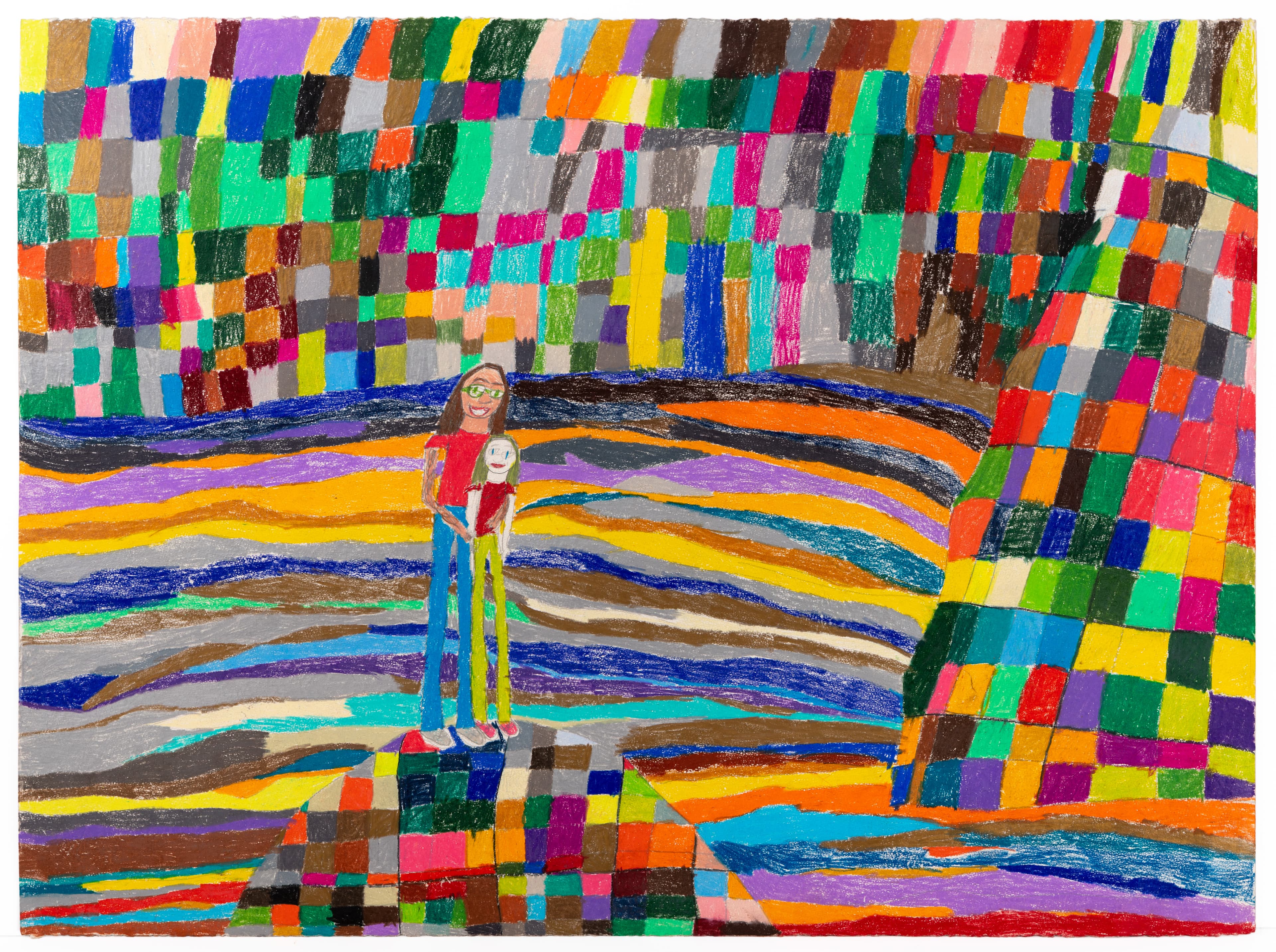 Colored pencil drawing with vibrant geometric patterns surrounding two standing figures in the center