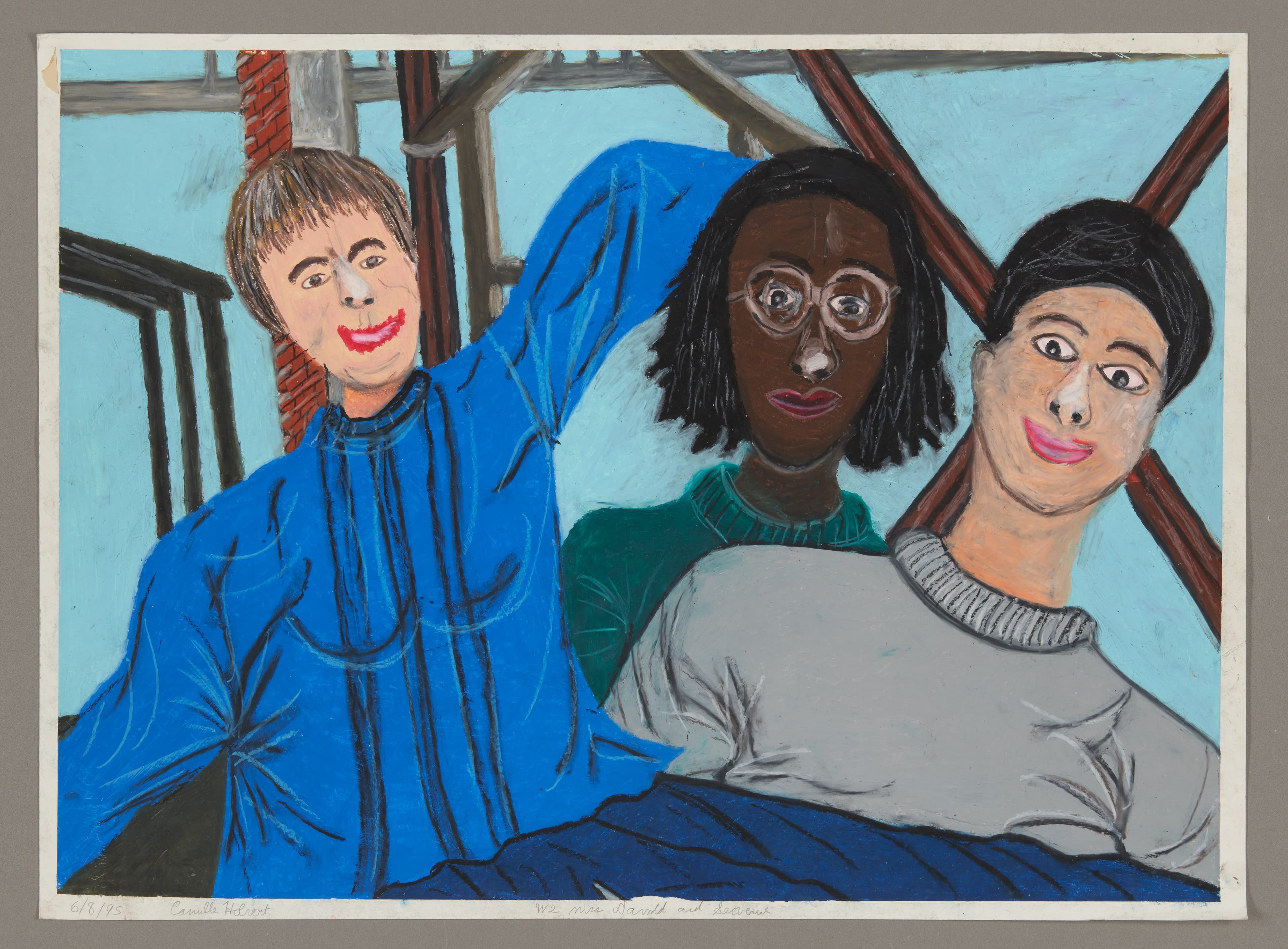 Oil pastel drawing of three figures in a wood-framed interior with light blue walls