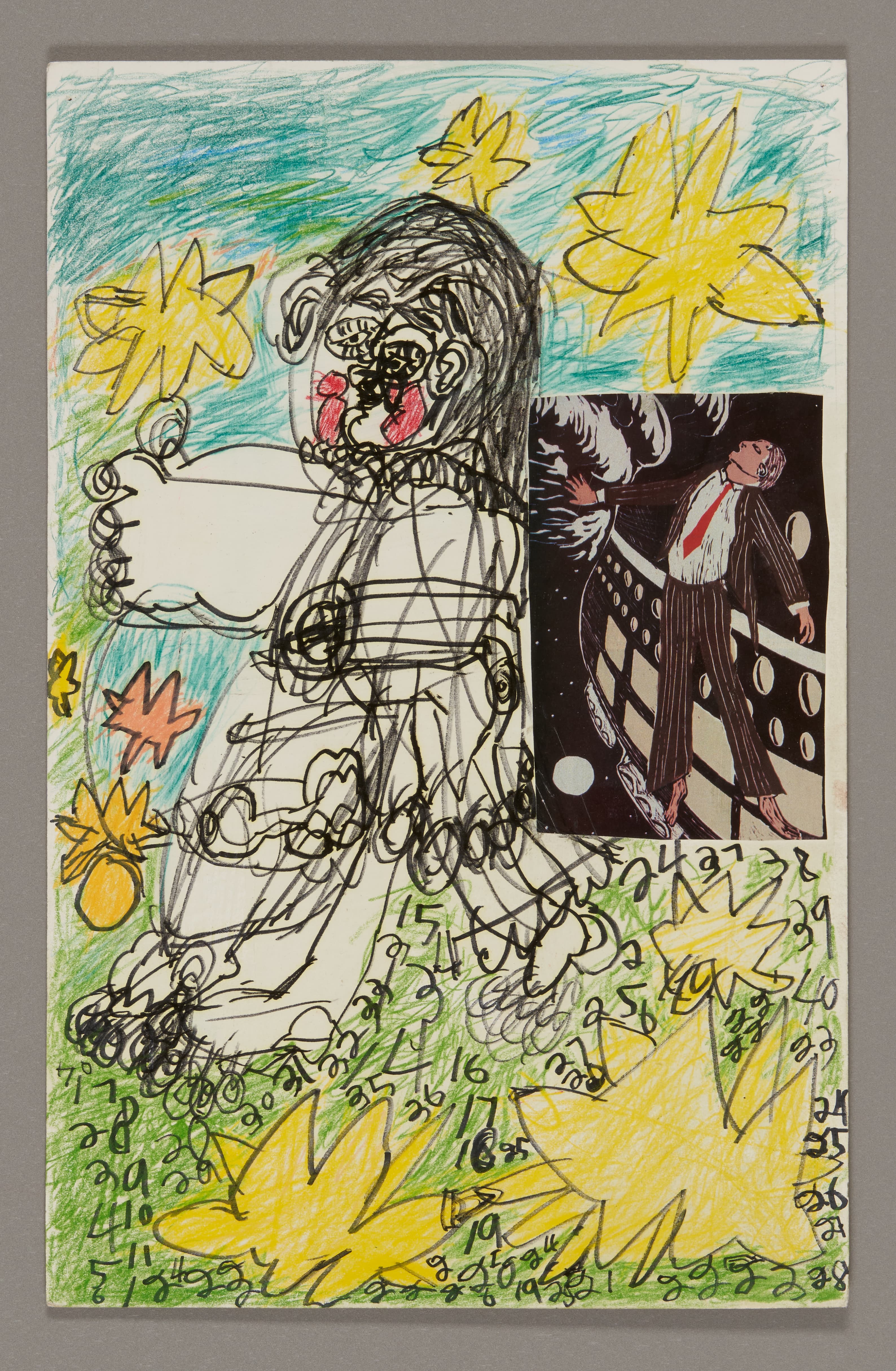 Mixed media drawing with central figure in white, yellow star shapes, and collaged black and white photograph