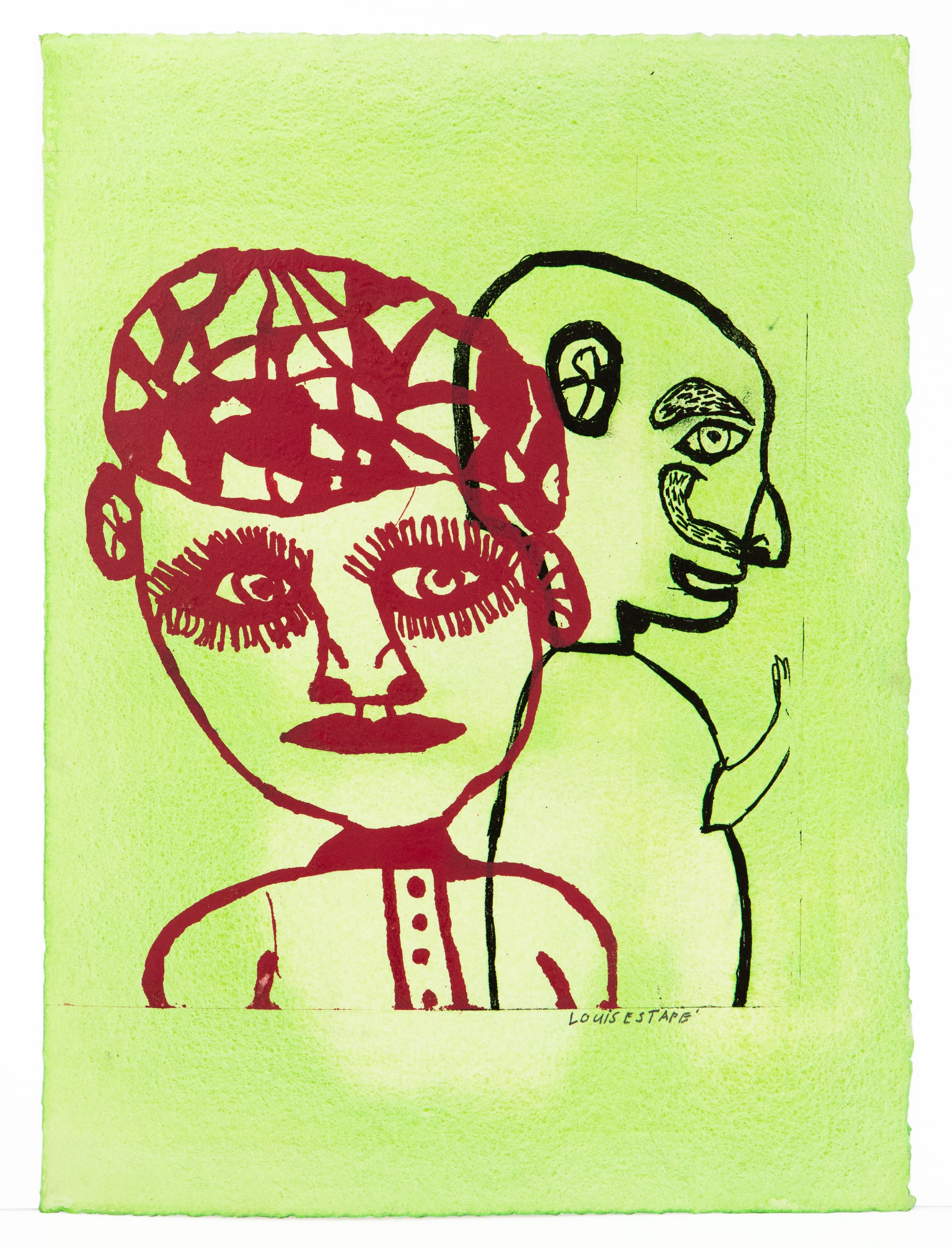Print showing two portrait figures in red and black ink on lime green paper, signed Louis Estape