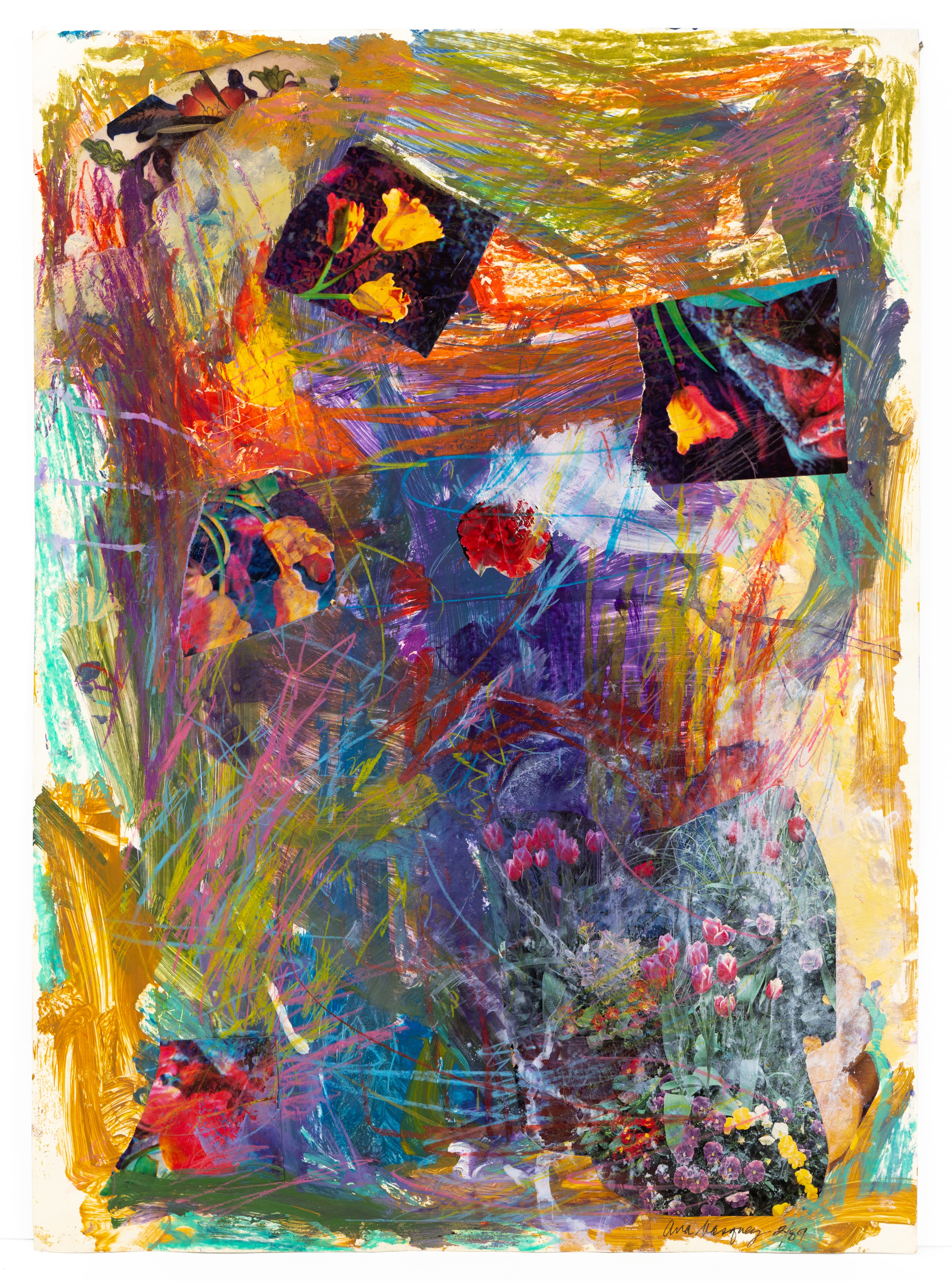 Abstract mixed media painting with vibrant overlapping colors, geometric shapes, and expressive brushstrokes