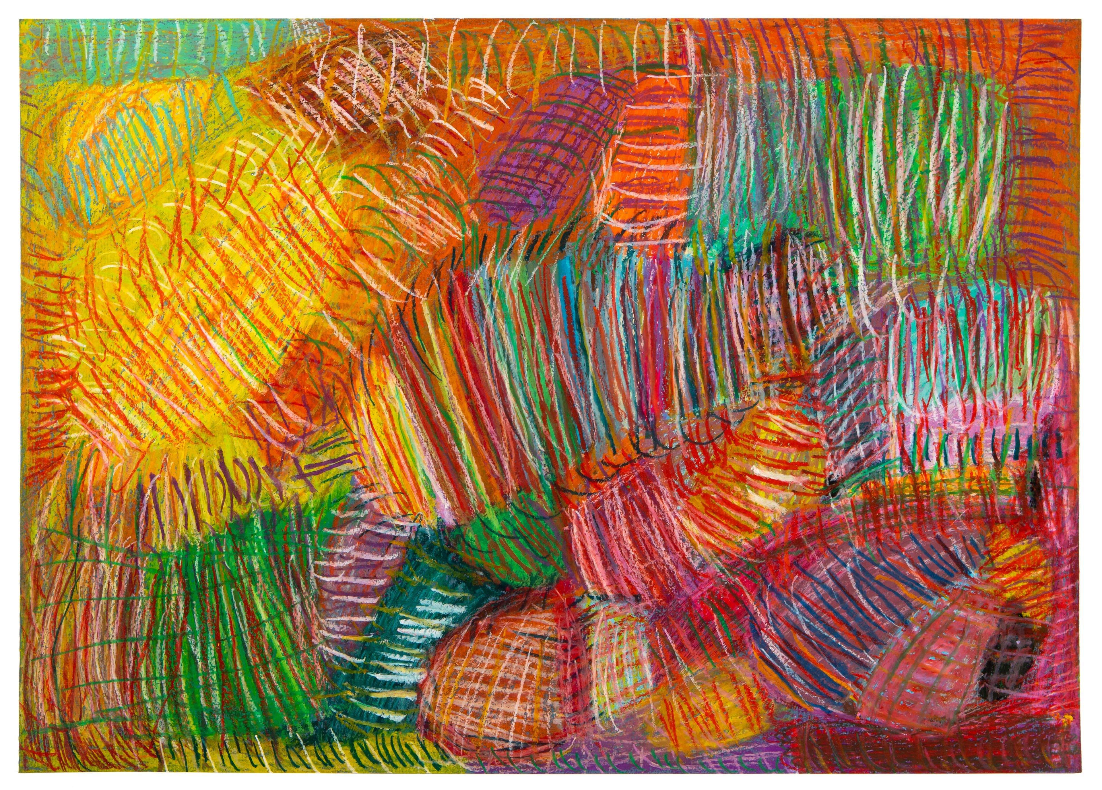 Abstract drawing with vibrant colored pencil crosshatching in rainbow hues across the entire composition