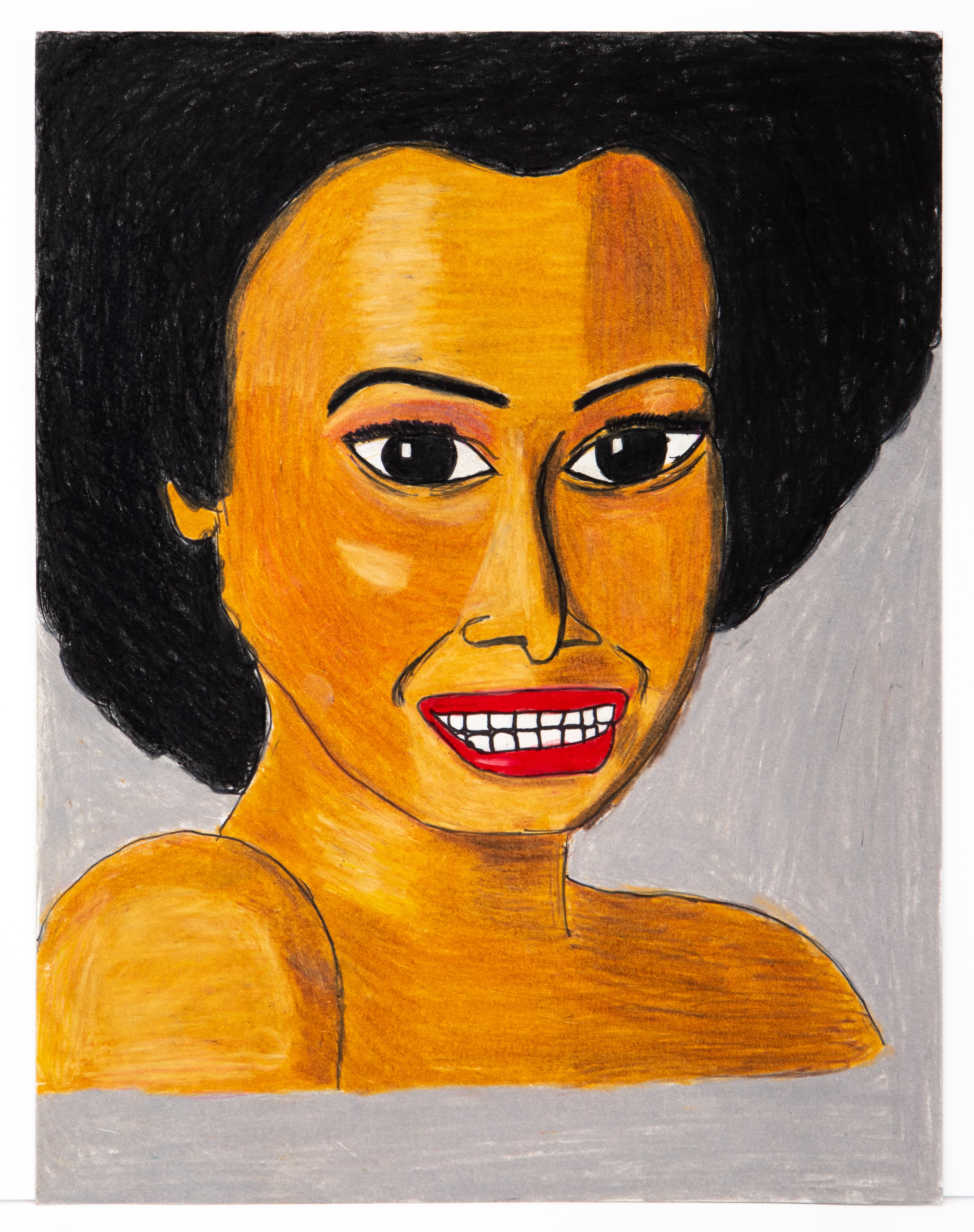 Portrait drawing of a person with black hair and orange-toned skin, colored pencil and marker on paper