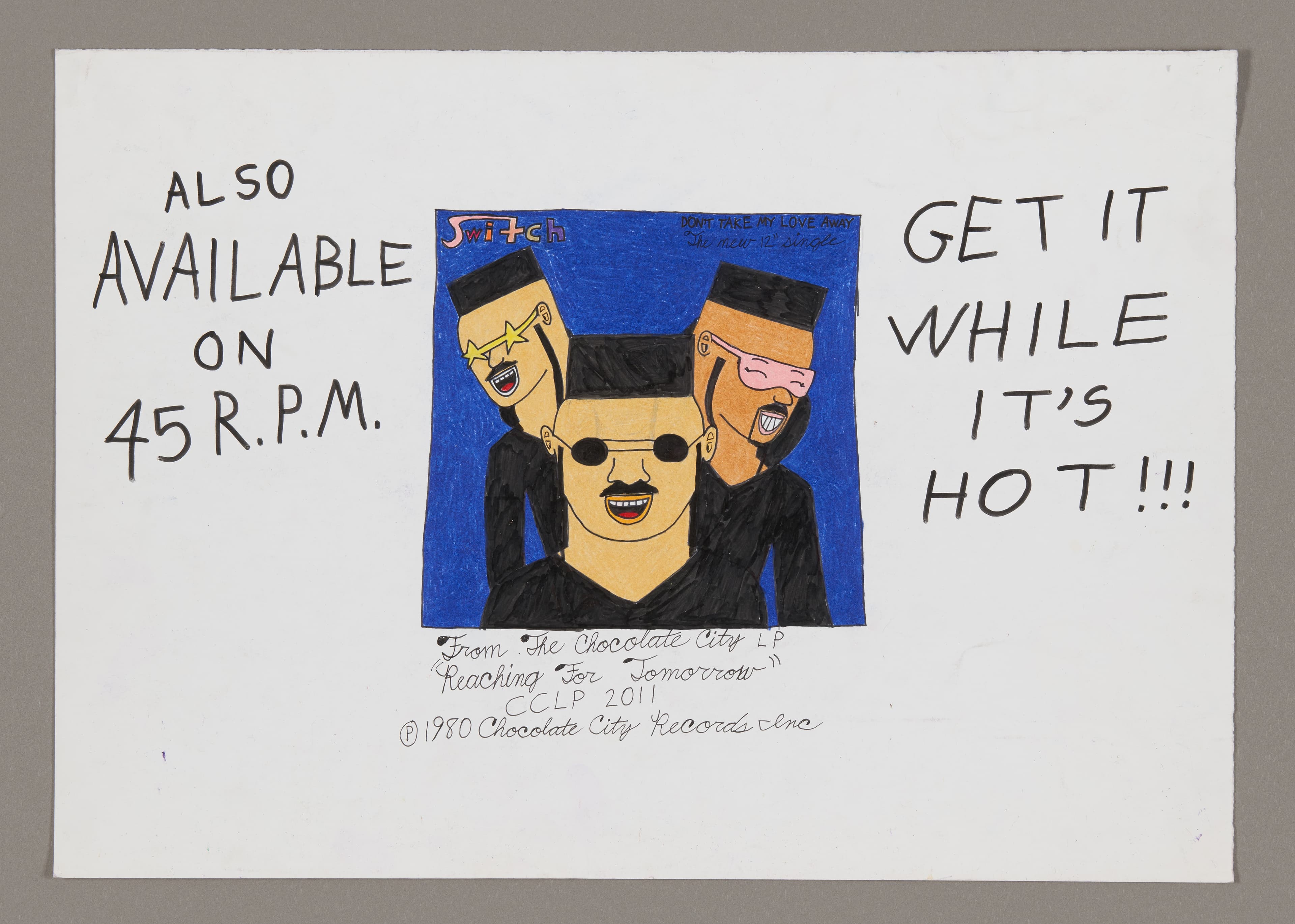 Drawing of three figures in black clothing on blue background with text about 45 RPM availability, mixed media on paper