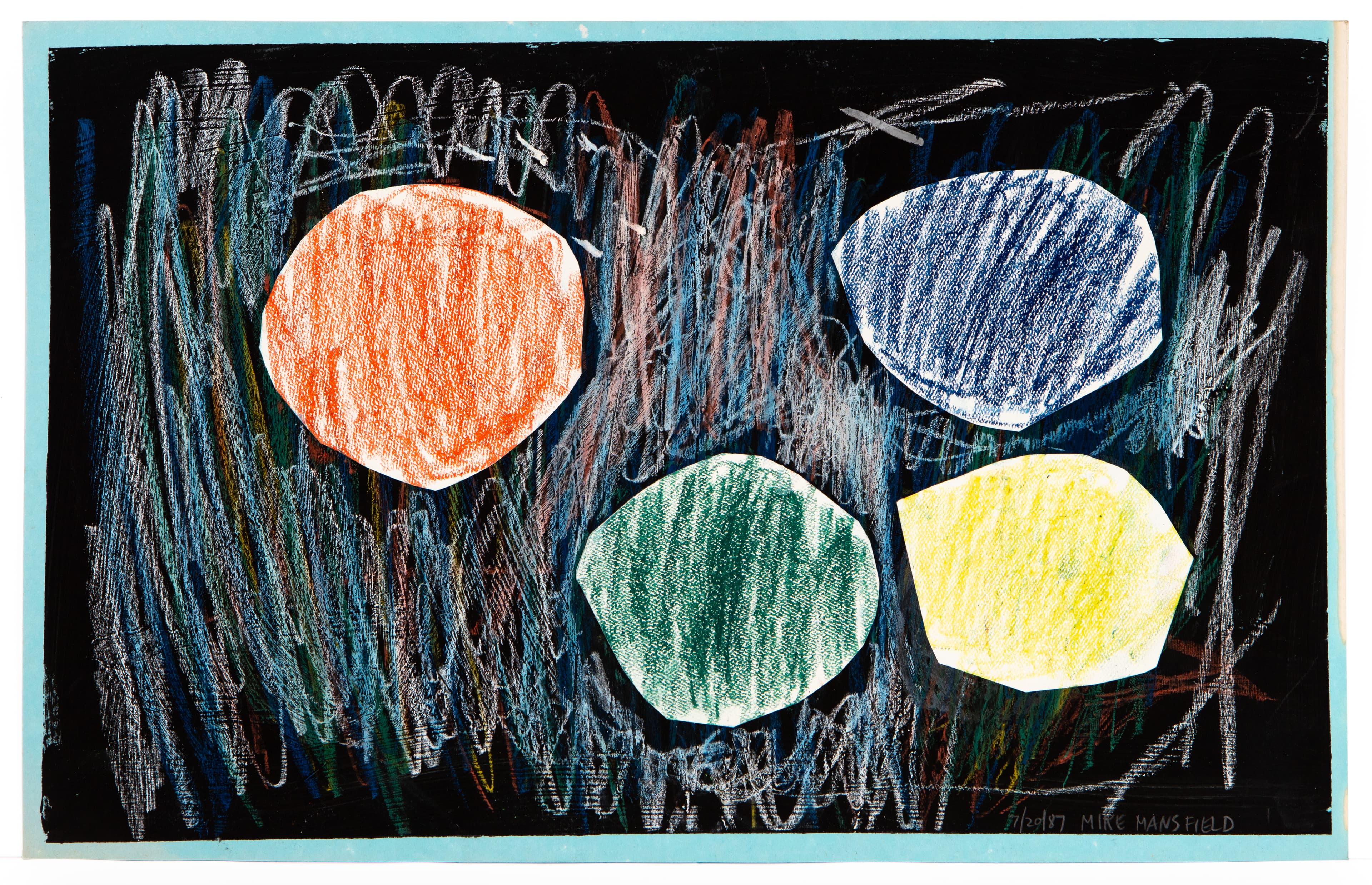 Drawing with four colored oval shapes on black background with energetic scribbled marks in crayon or pastel