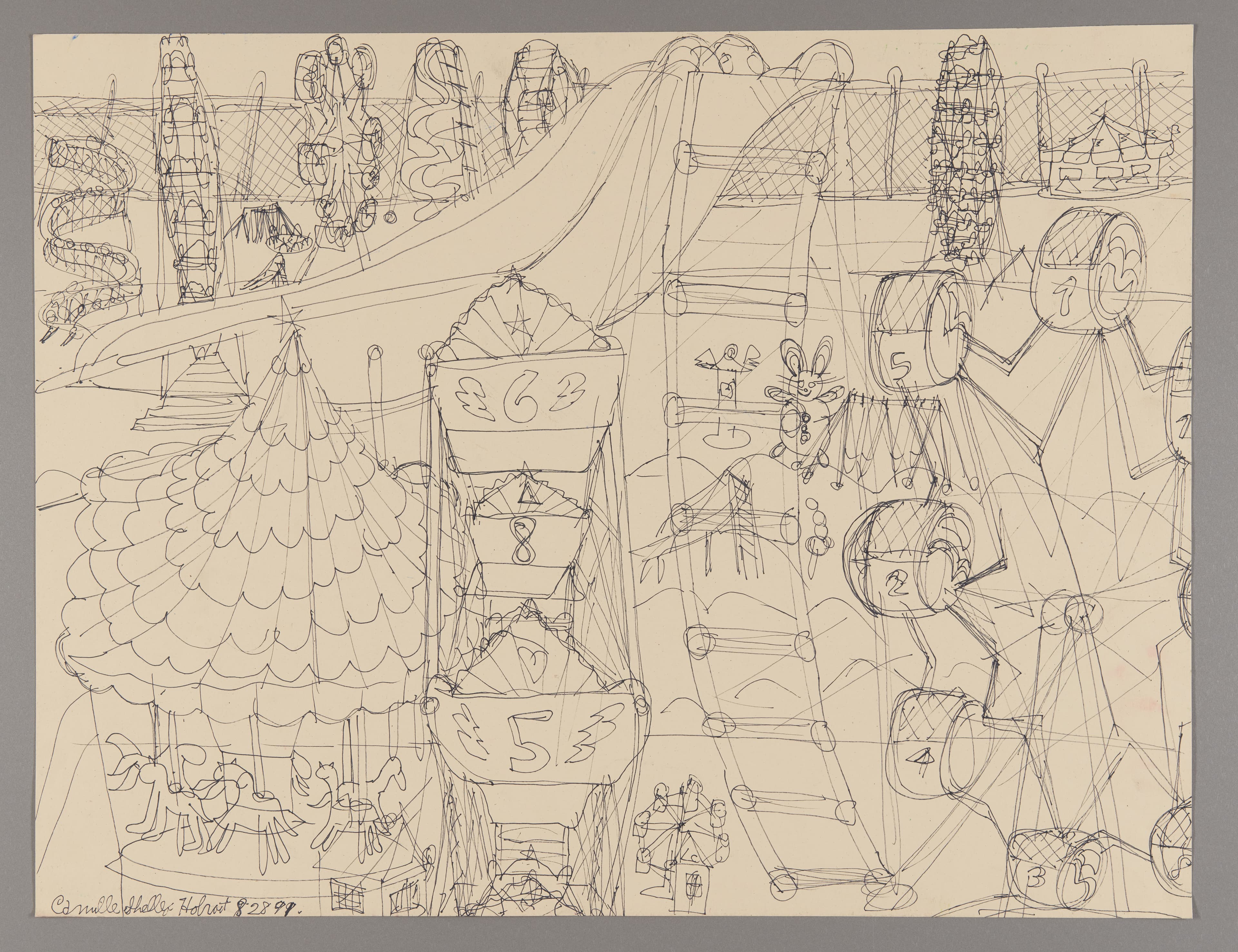 Ink drawing on paper depicting an elaborate carnival or amusement park scene with rides, tents, and structures