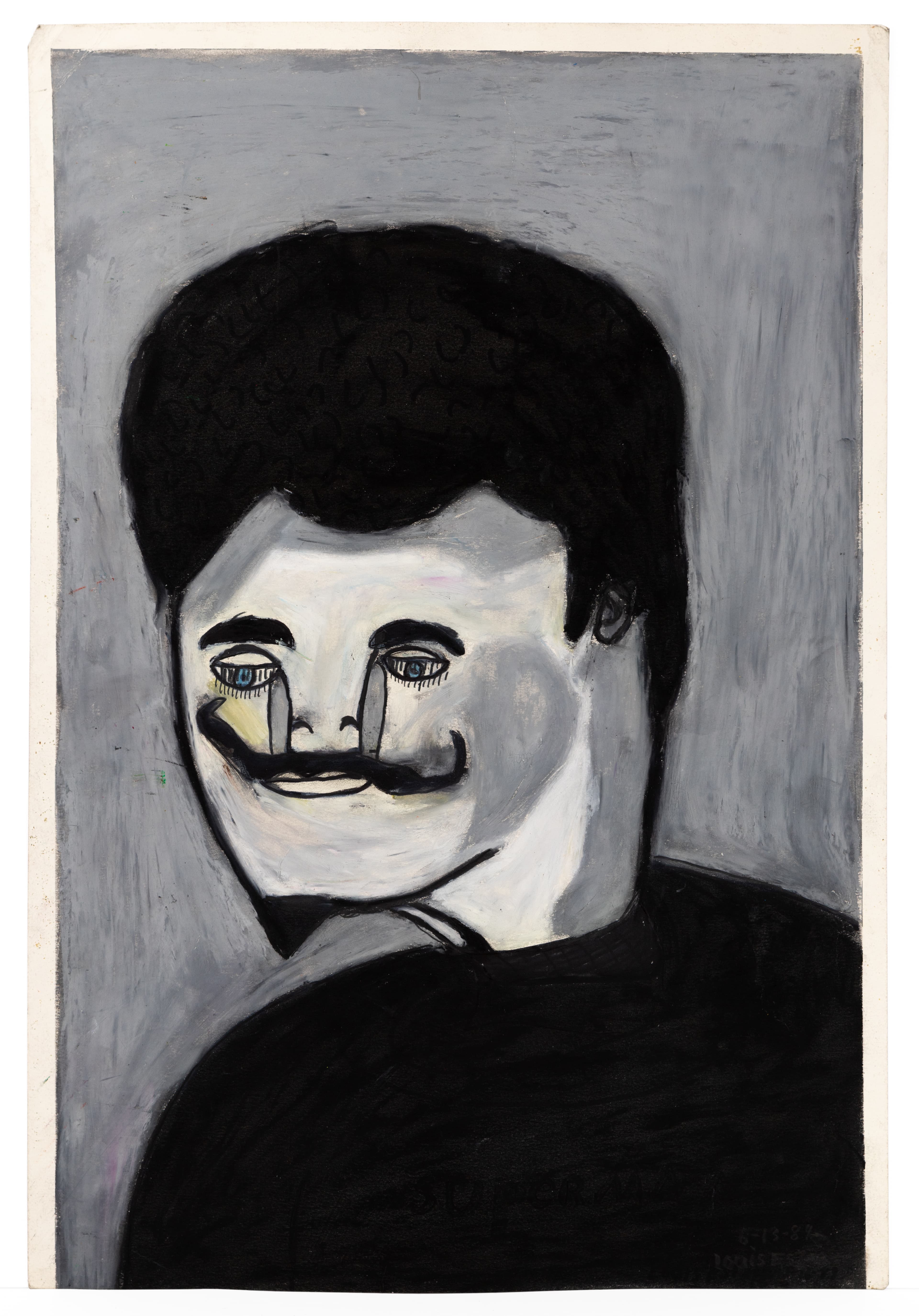 Portrait drawing in pastel showing a figure with black hair and mustache against a gray background