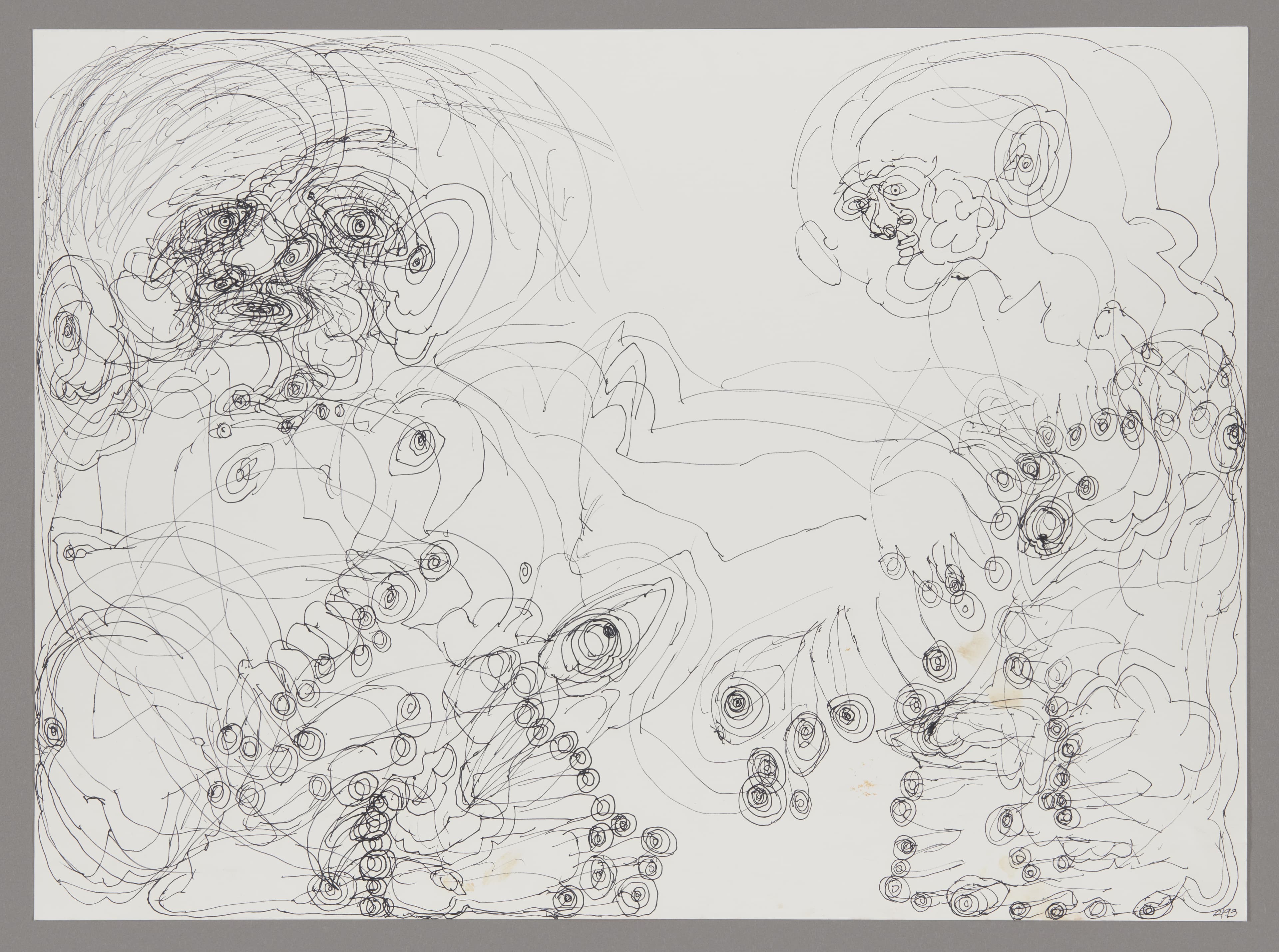 Ink drawing featuring multiple fantastical figures with swirling hair and circular pattern details on paper