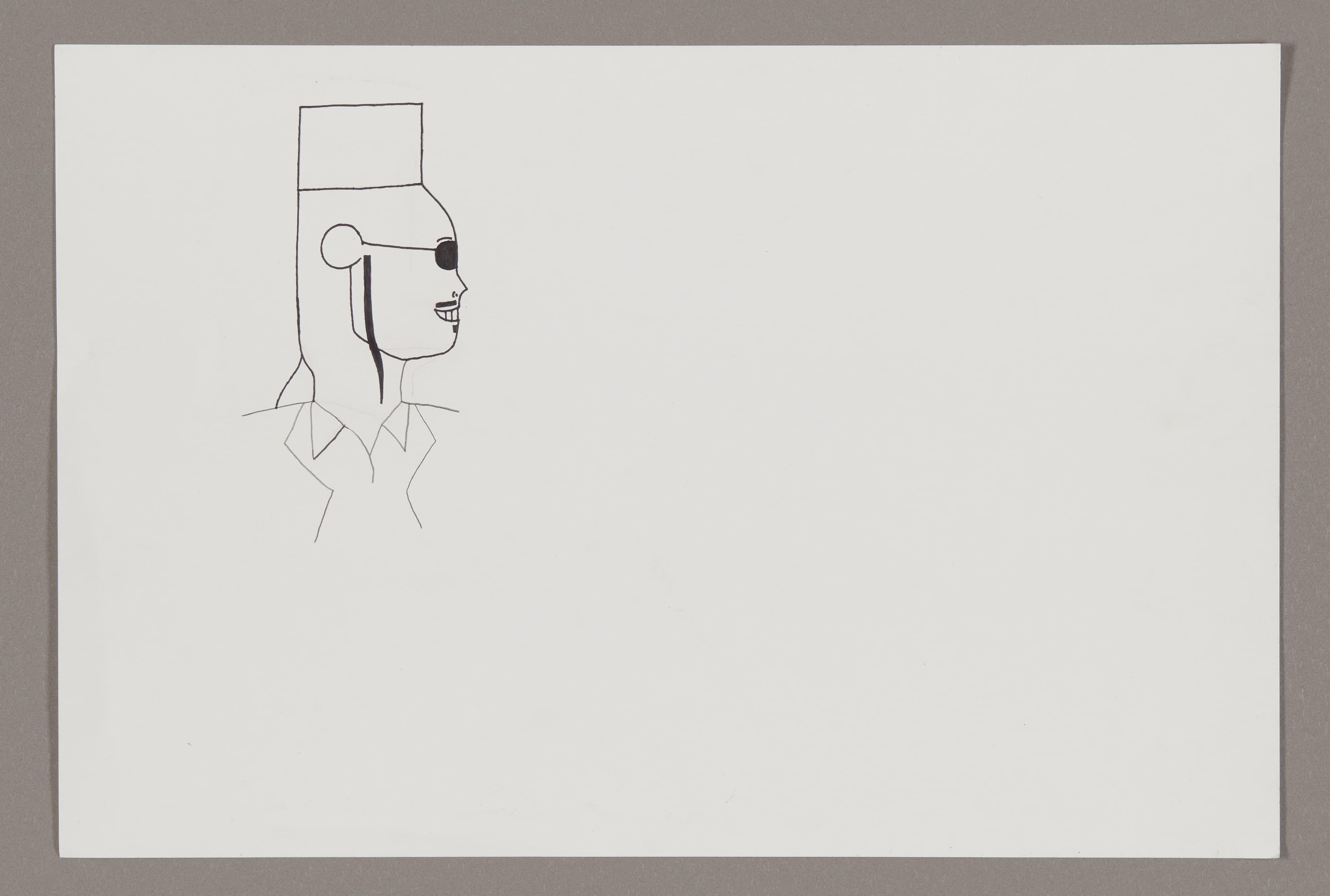 Minimalist ink drawing of a figure in profile with geometric hat and collar on white paper