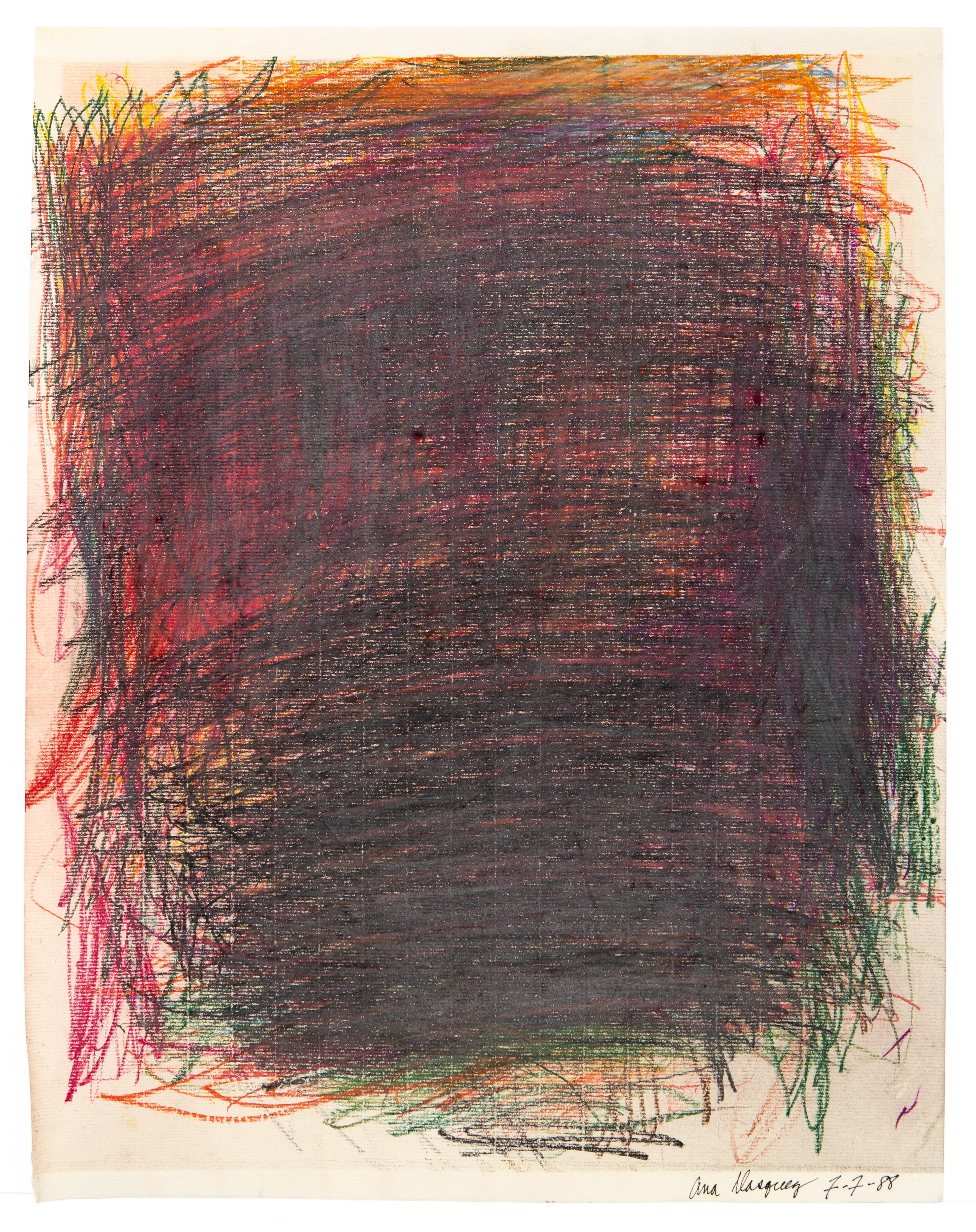 Abstract drawing with dense scribbled dark center surrounded by colorful linear marks in crayon or colored pencil