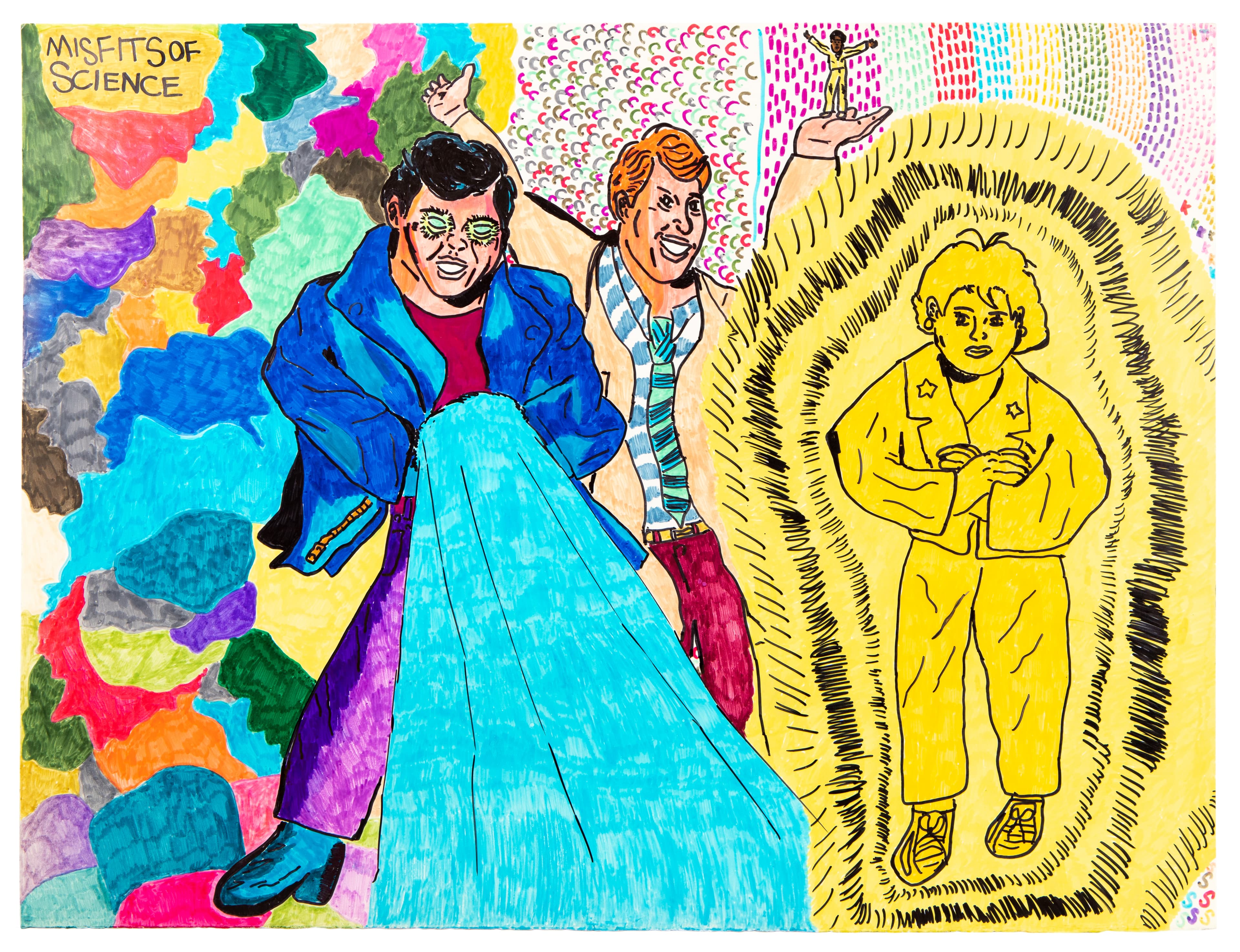 Colorful ink drawing titled 'Misfits of Science' showing three figures against vibrant background patterns