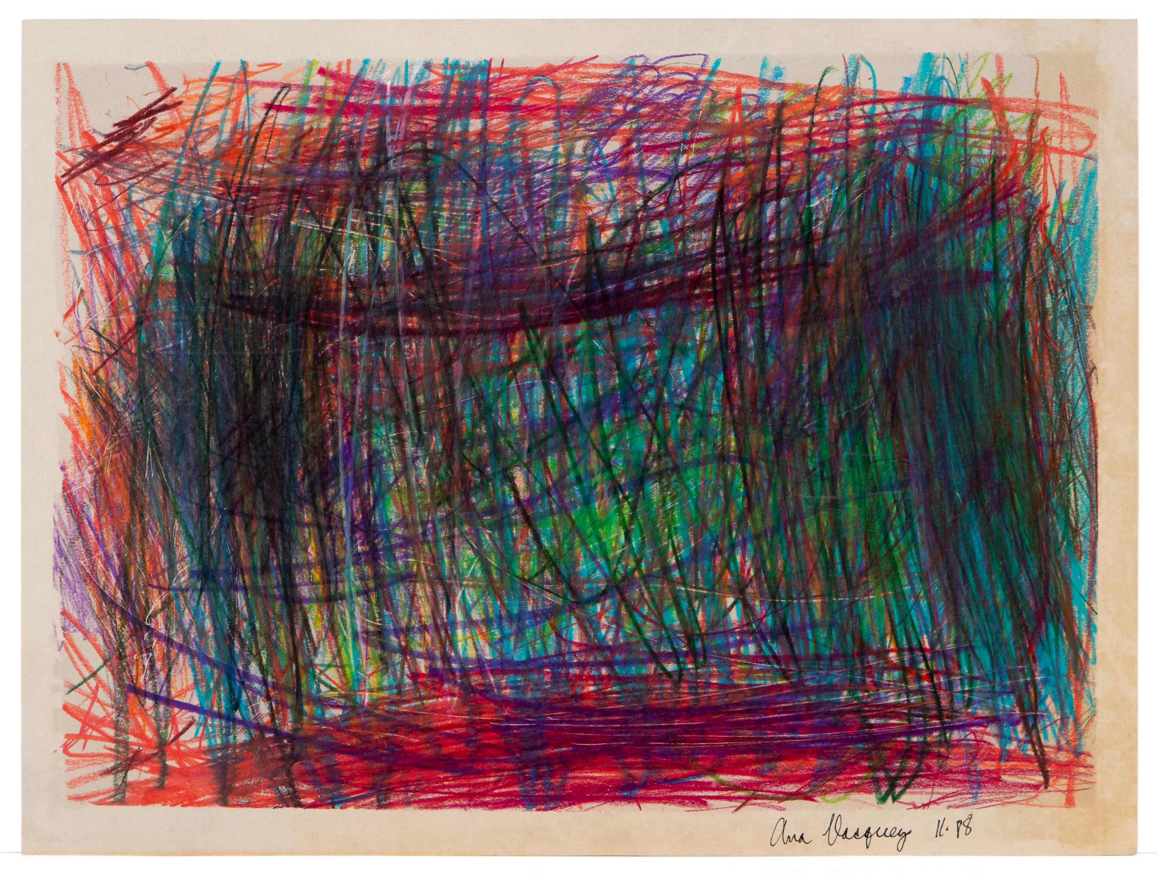 Abstract drawing with dense overlapping scribbled lines in multiple colors including red, purple, green, and blue on paper