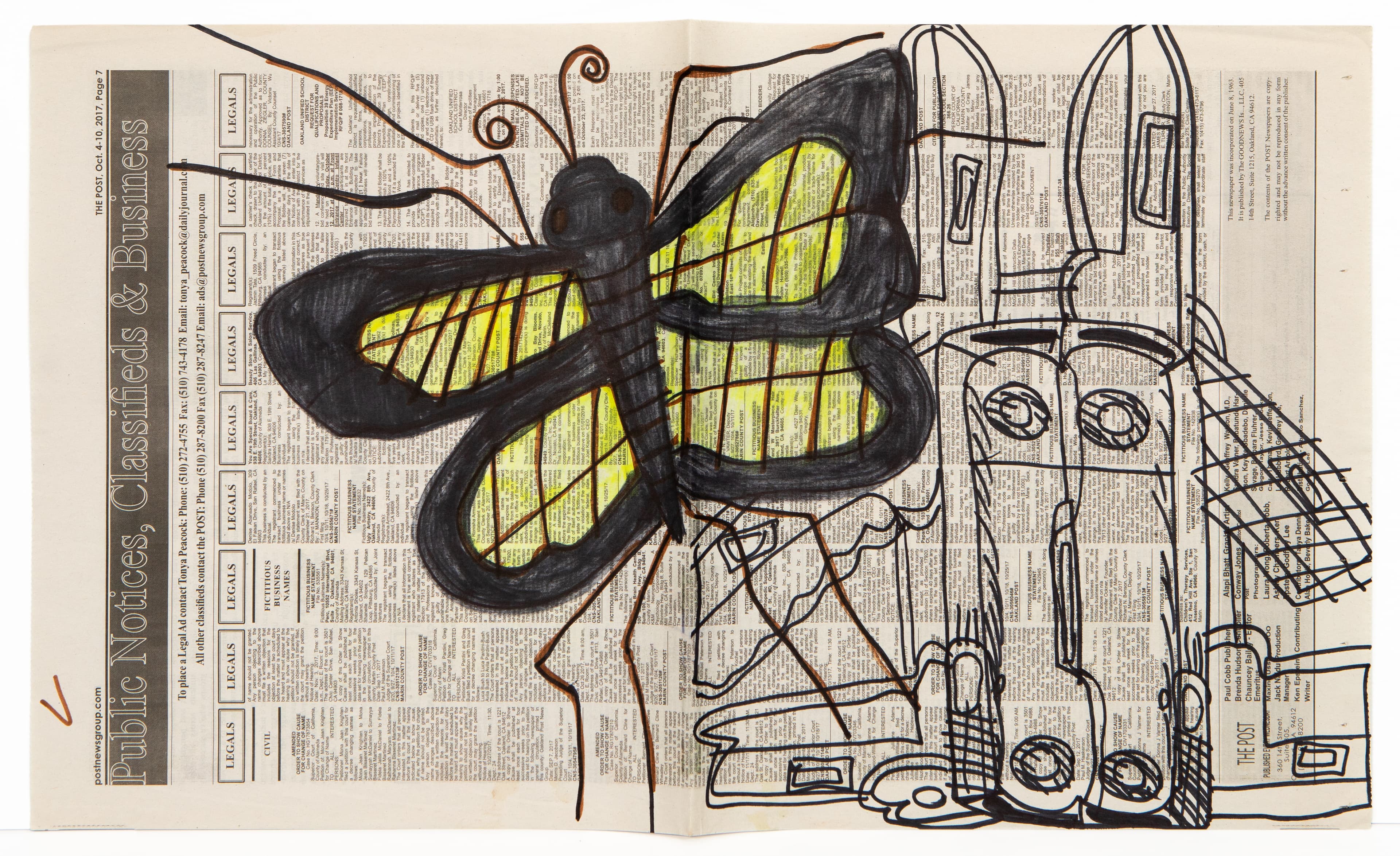 Mixed media drawing on newspaper featuring a large butterfly with yellow-green wings and mechanical robot-like figures