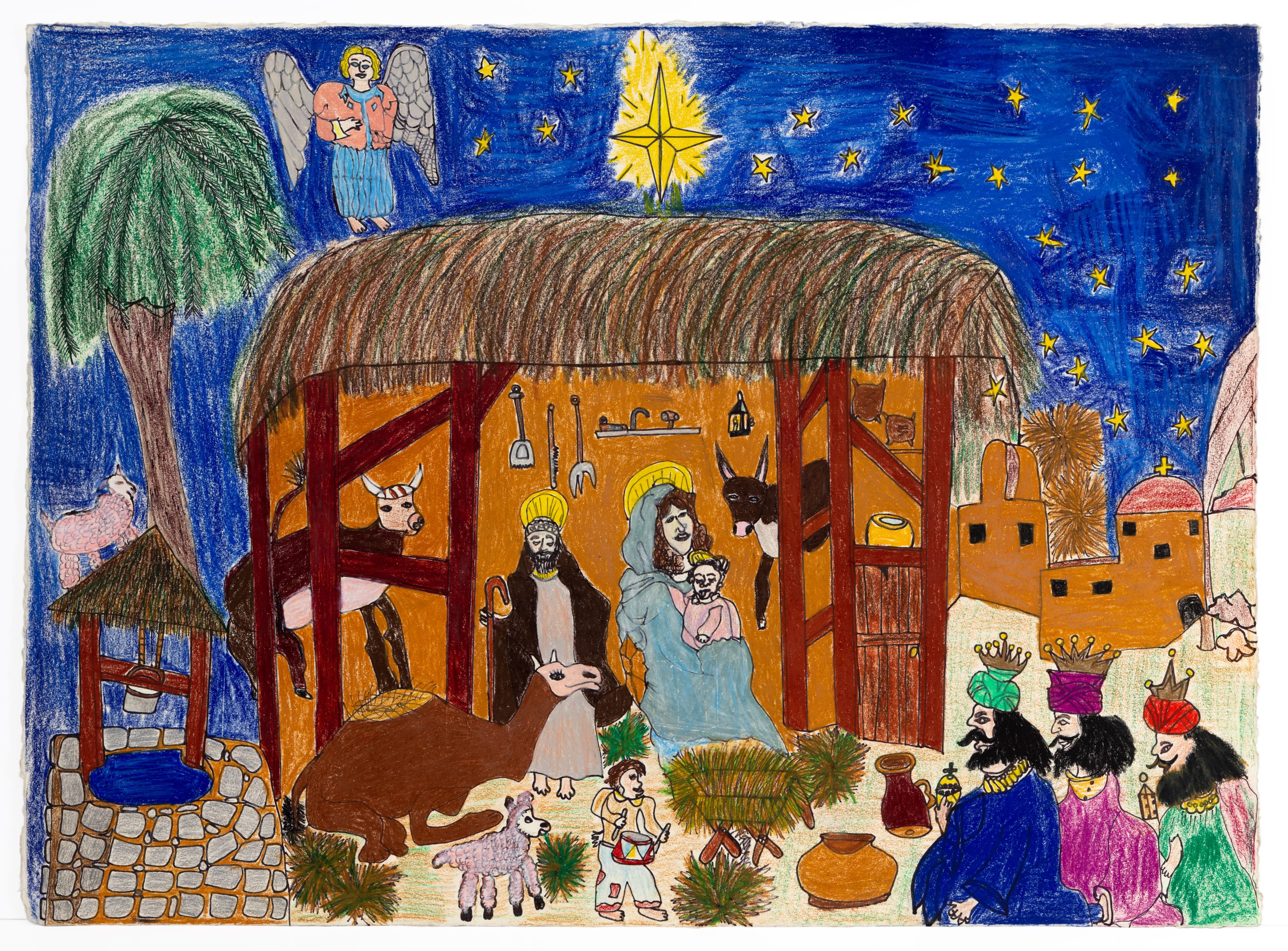 Colored pencil nativity scene with stable, figures, angel, star, and three kings under blue starry sky
