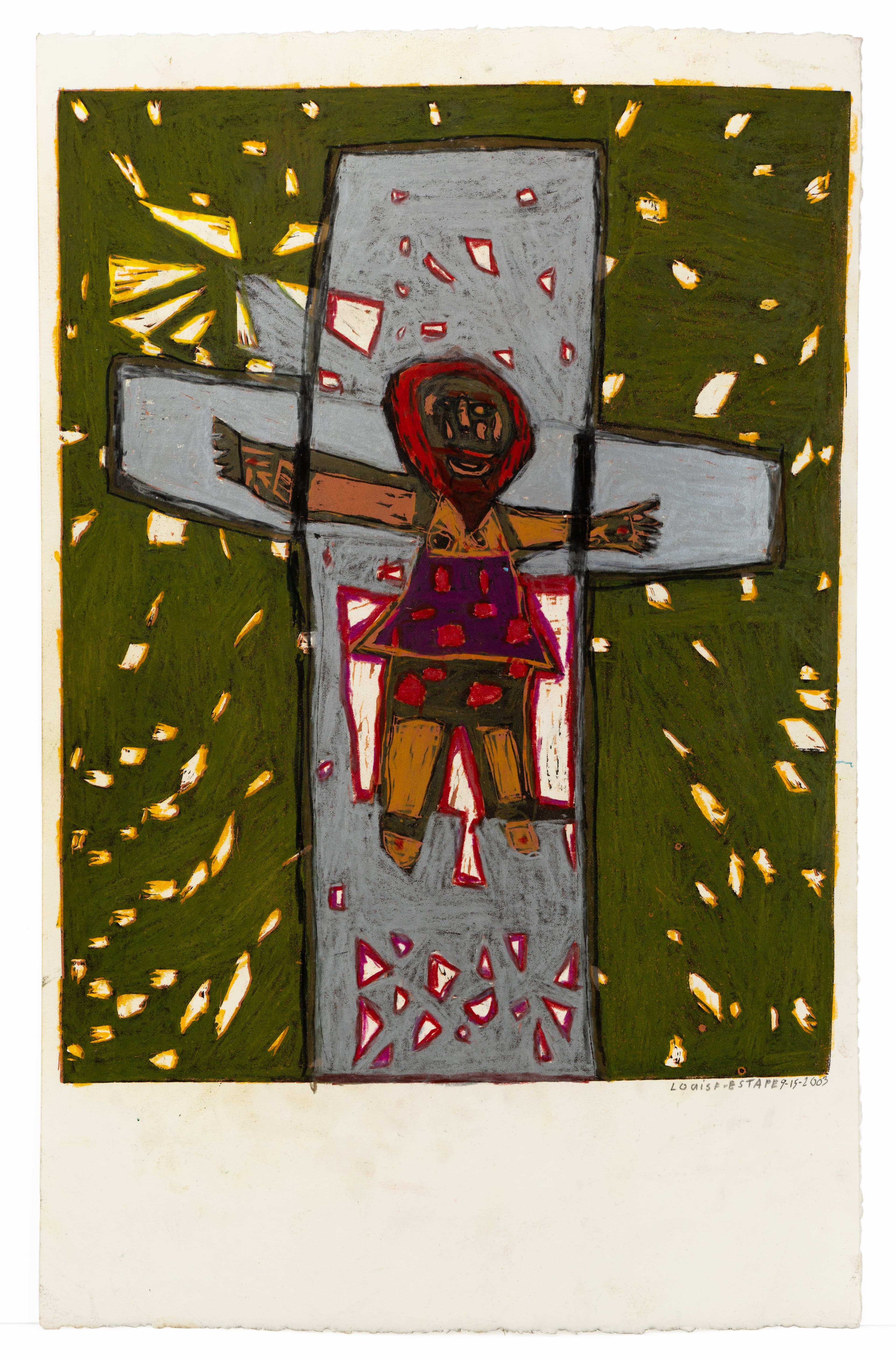 Mixed media artwork showing a crucifixion scene with figure on gray cross against dark green background with yellow marks