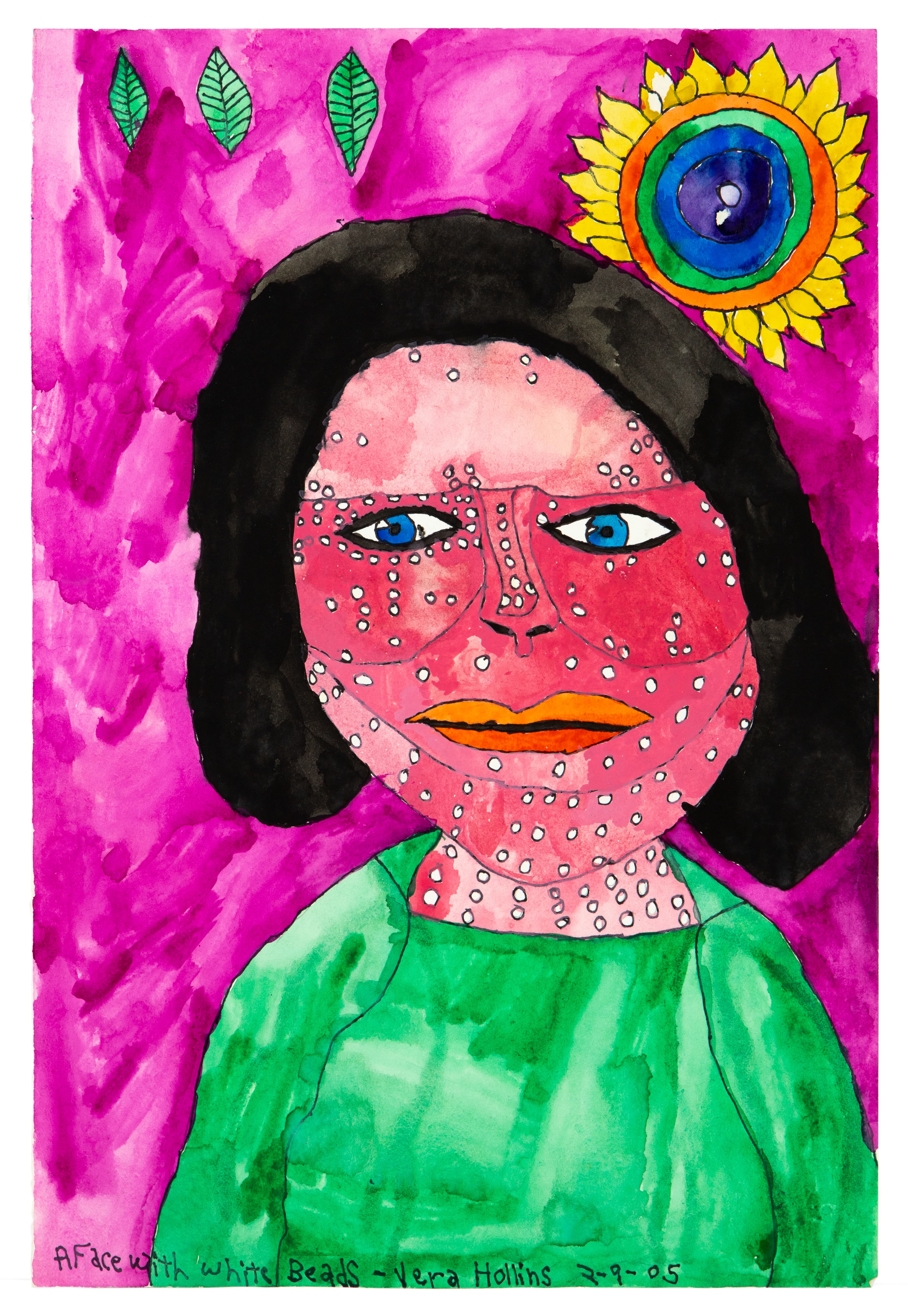 Portrait painting of figure with black hair, pink face covered in white dots, green shirt, watercolor and ink