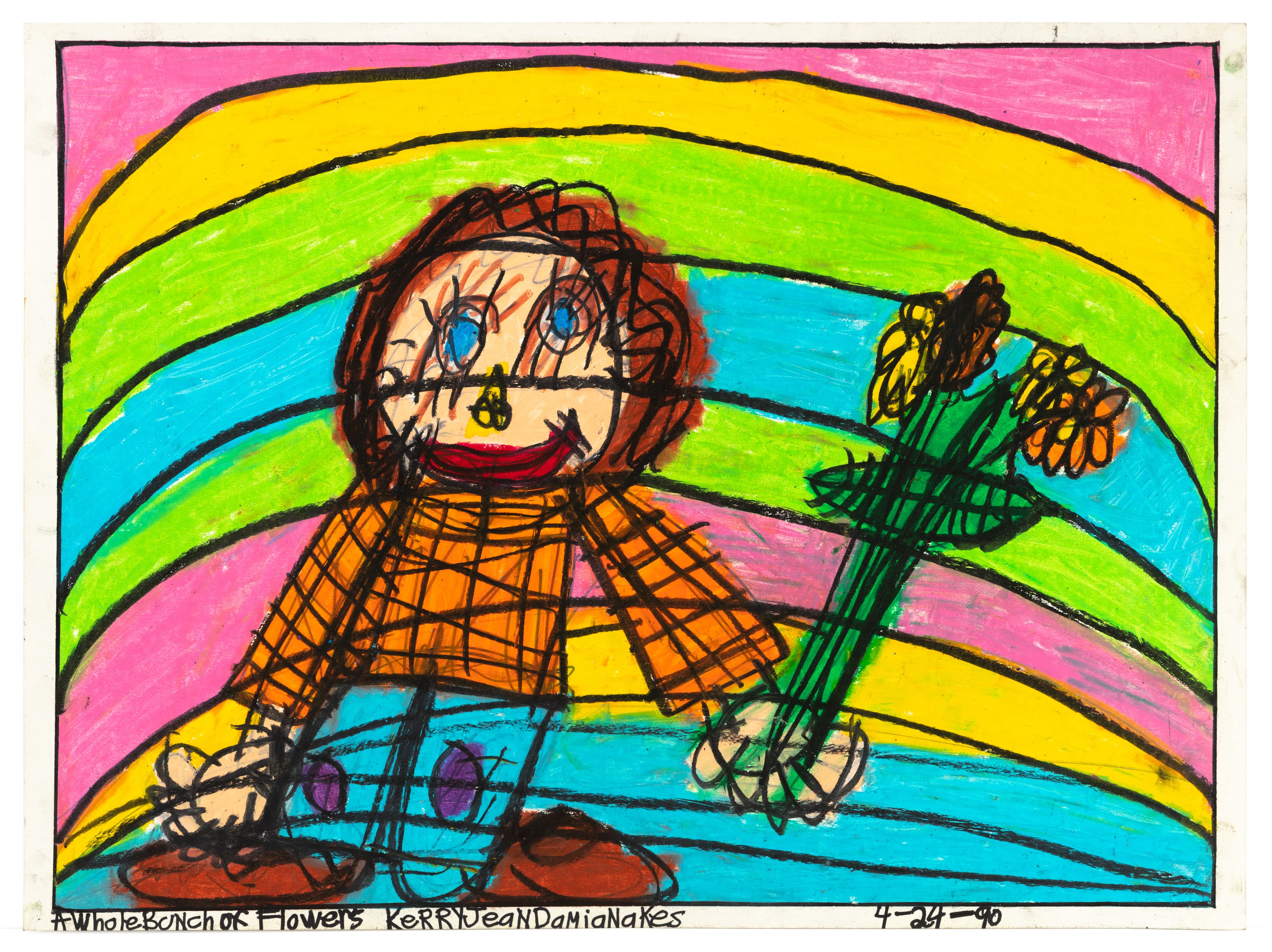 Drawing of a figure with brown hair holding flowers against a rainbow background, pastel on paper