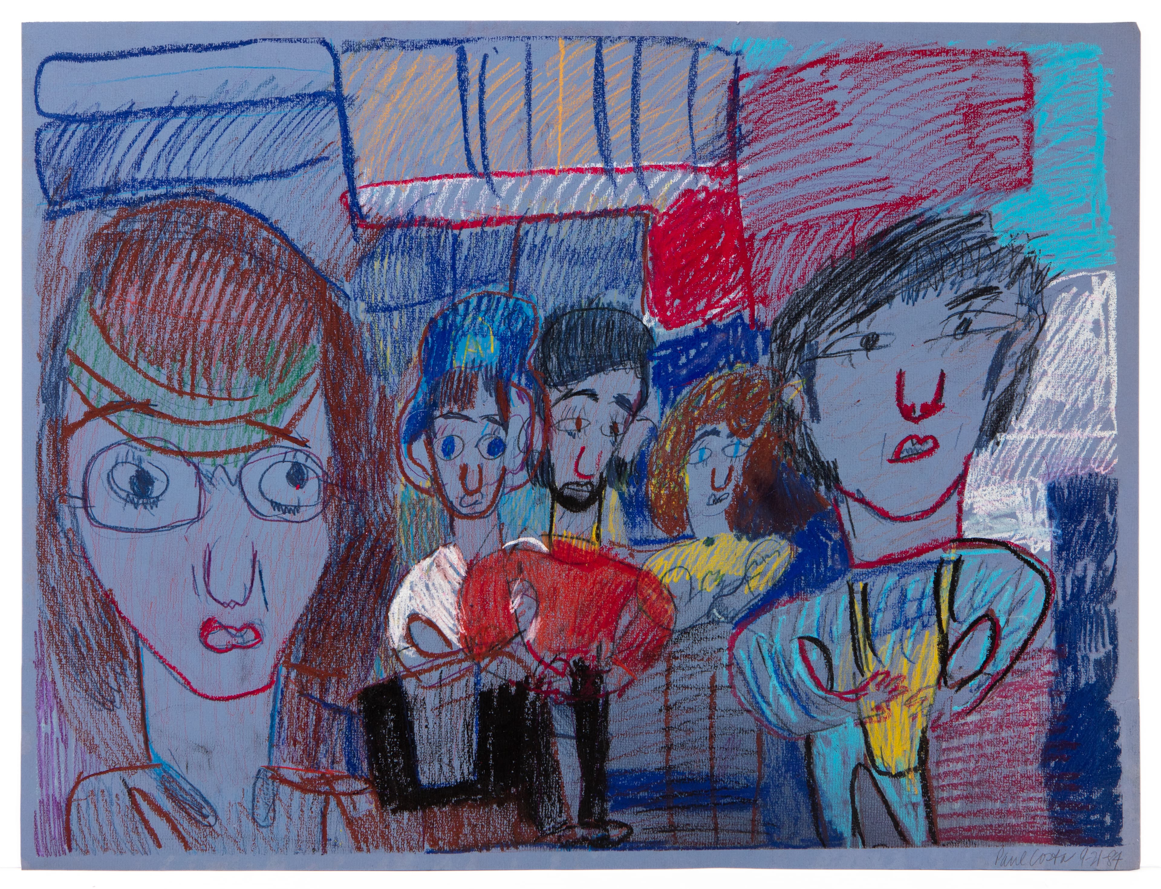 Colored pencil drawing showing multiple figures gathered around a birthday cake with candles in an interior setting