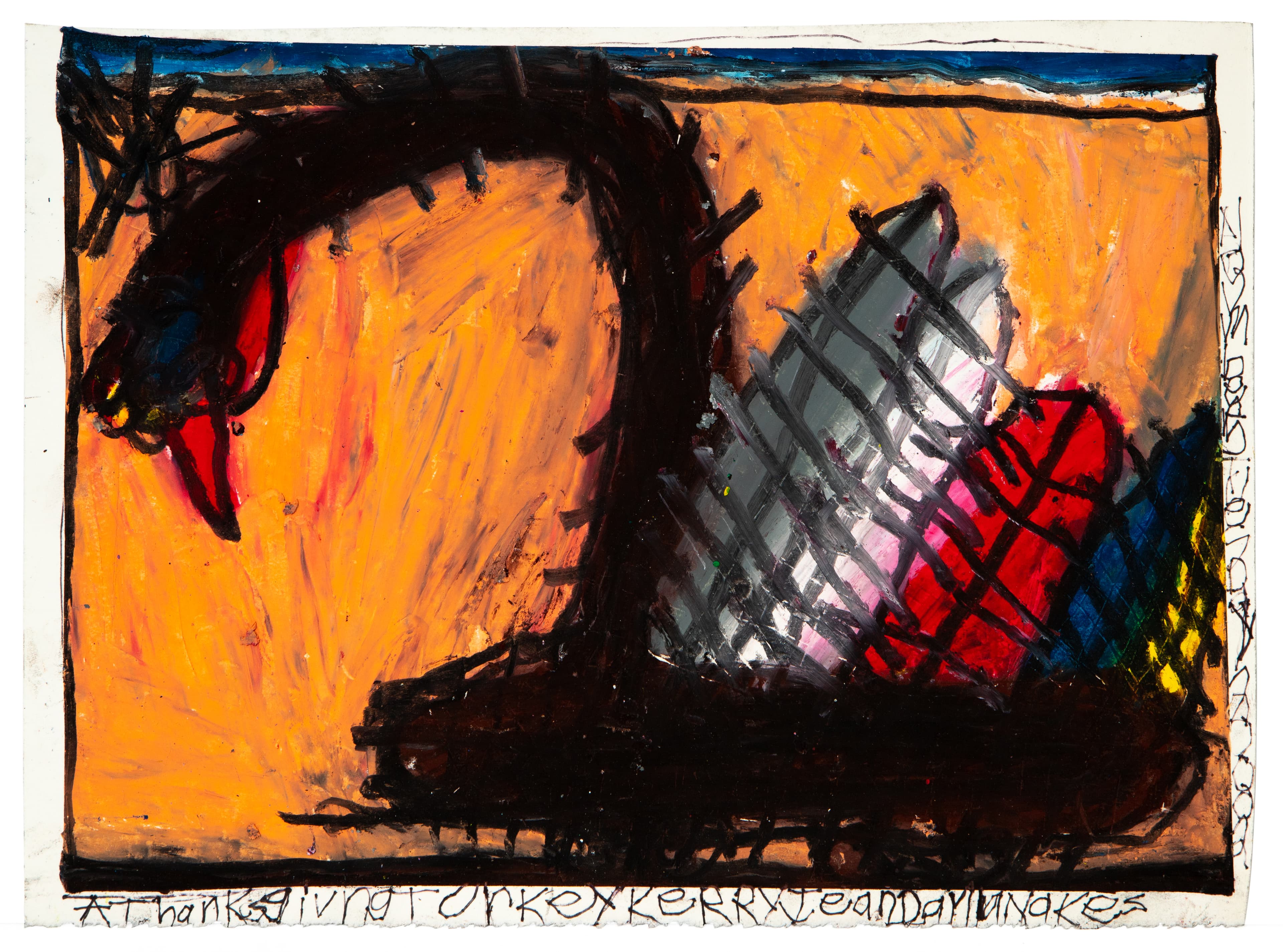 Abstract mixed media artwork with orange background, black linear forms, and crosshatched gray and red areas