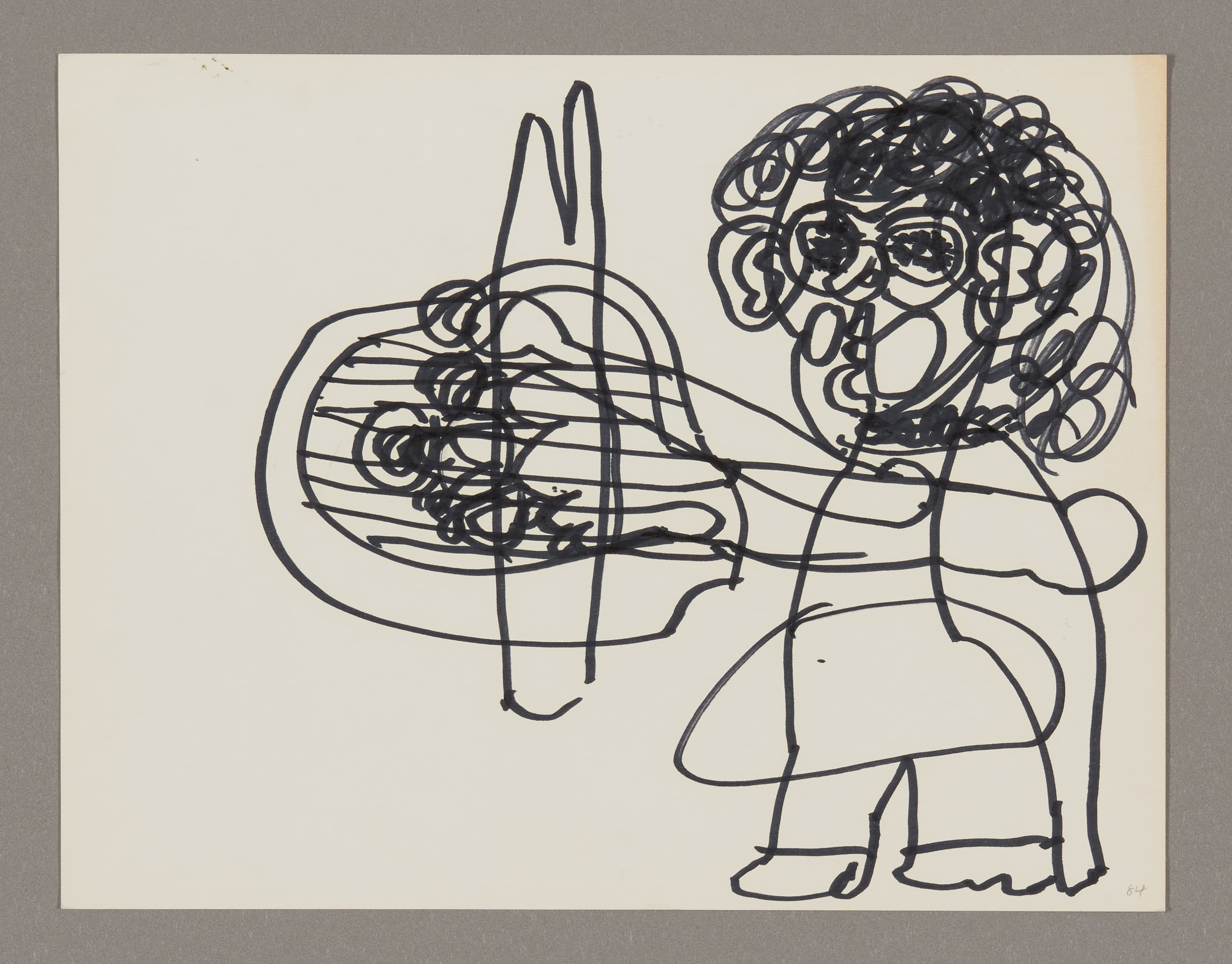 Line drawing in black ink showing a figure with curly hair standing next to a large oval shape with crosshatched interior