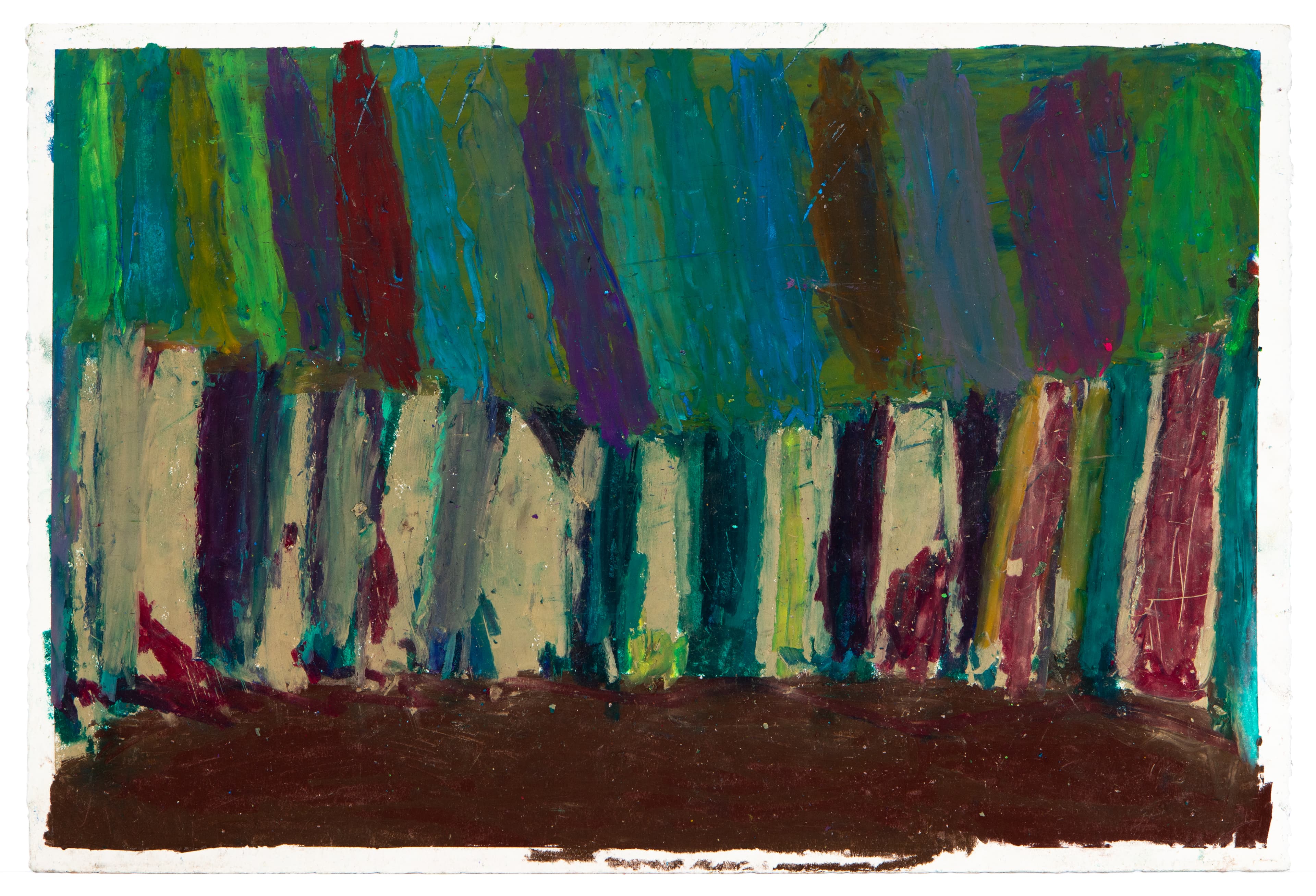 Abstract pastel drawing with vertical stripes in blues, greens, and purples above cream-colored vertical forms on brown base