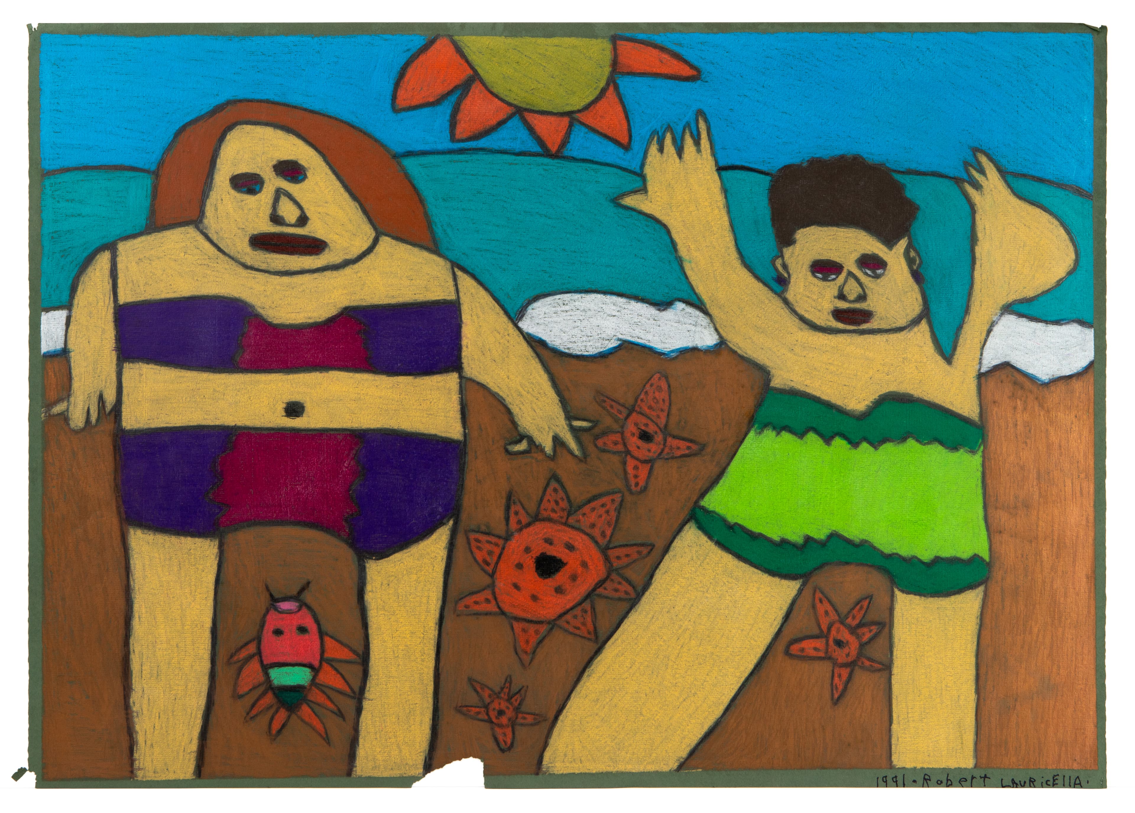 Colorful ink and pastel drawing of two figures at a beach with sun and starfish in sand