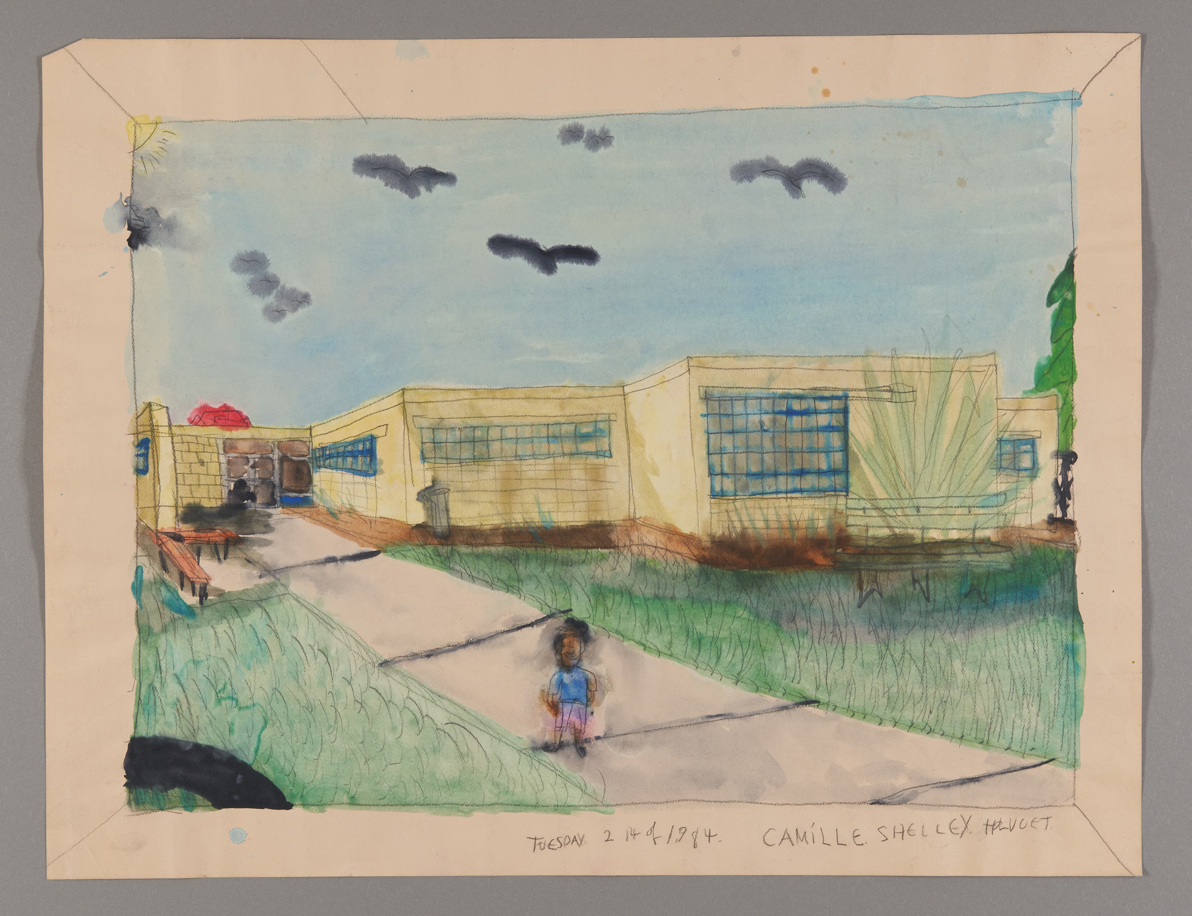Watercolor and graphite drawing of modern buildings with a figure on a concrete path, surrounded by green grass