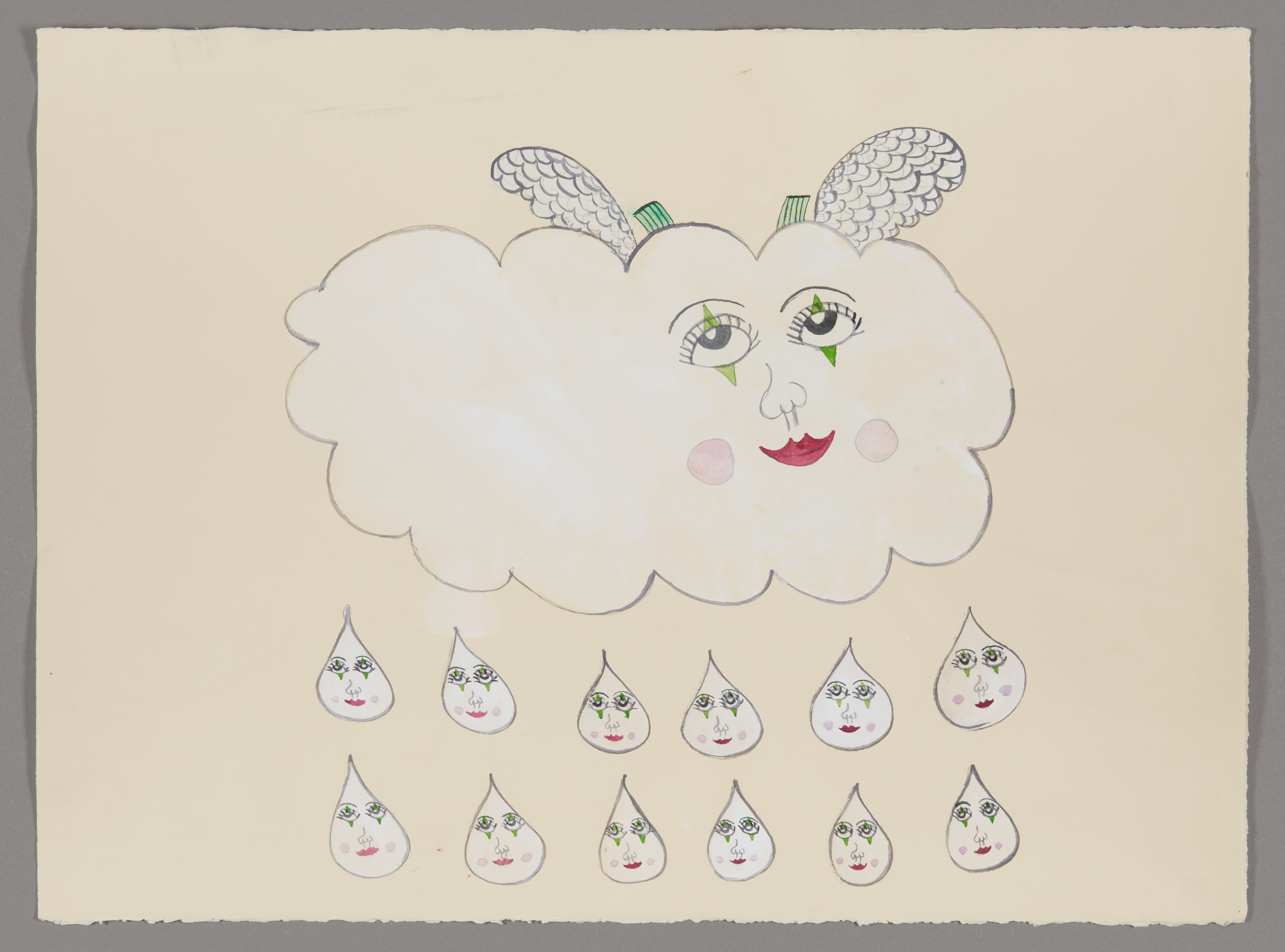 Drawing of white cloud with angel wings and face above twelve small raindrops with faces, graphite and watercolor on paper