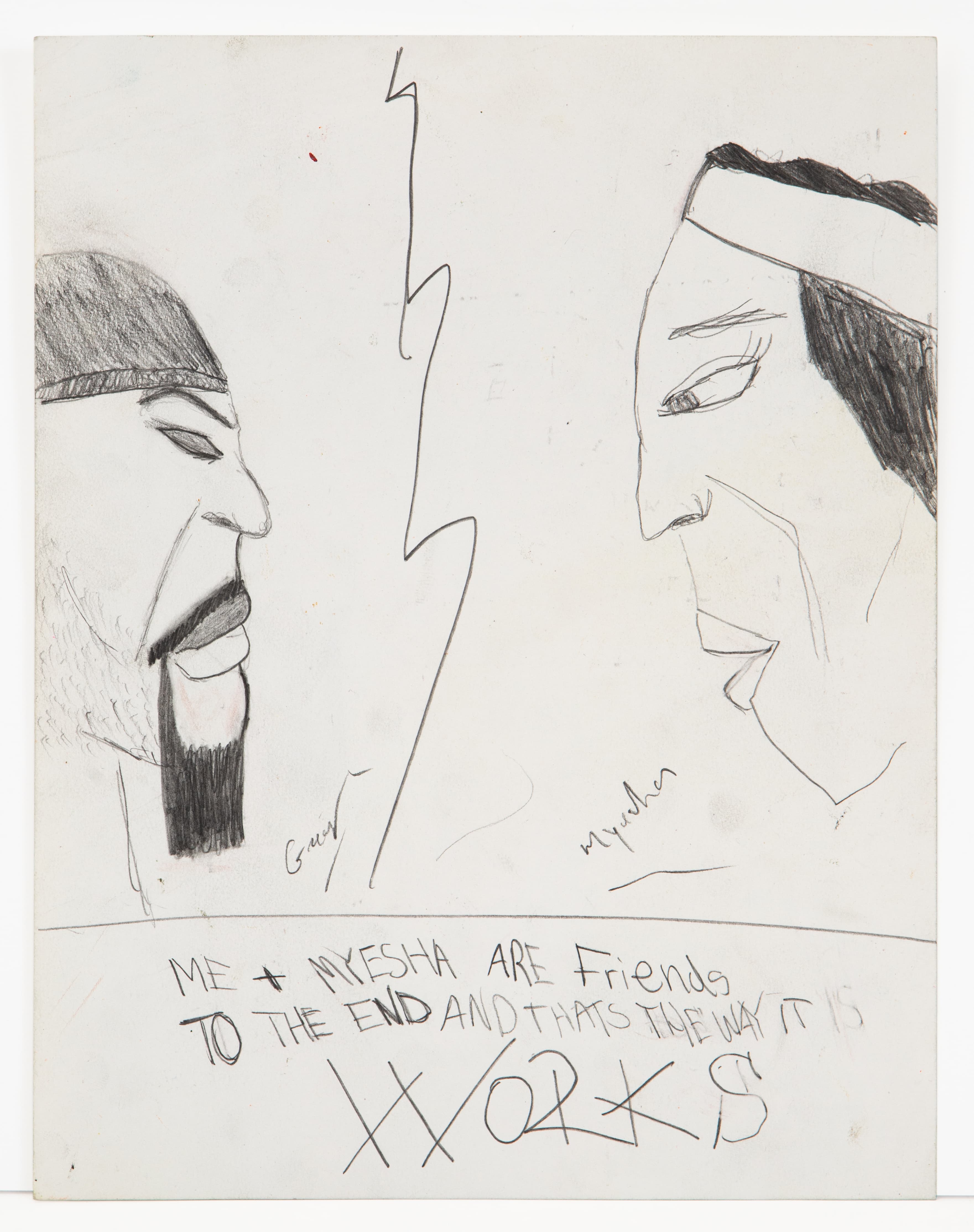 Pencil drawing showing two profile portraits of men with beards and text below reading about friendship